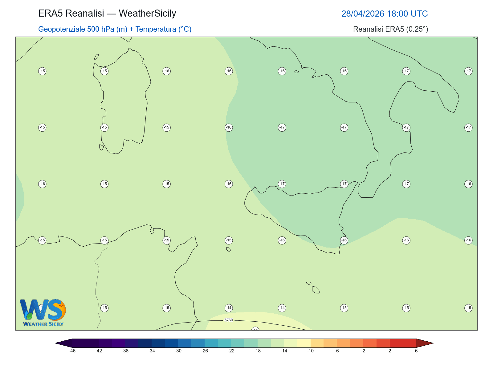Geopotenziale 500 hPa + Temperatura · 2026042818
