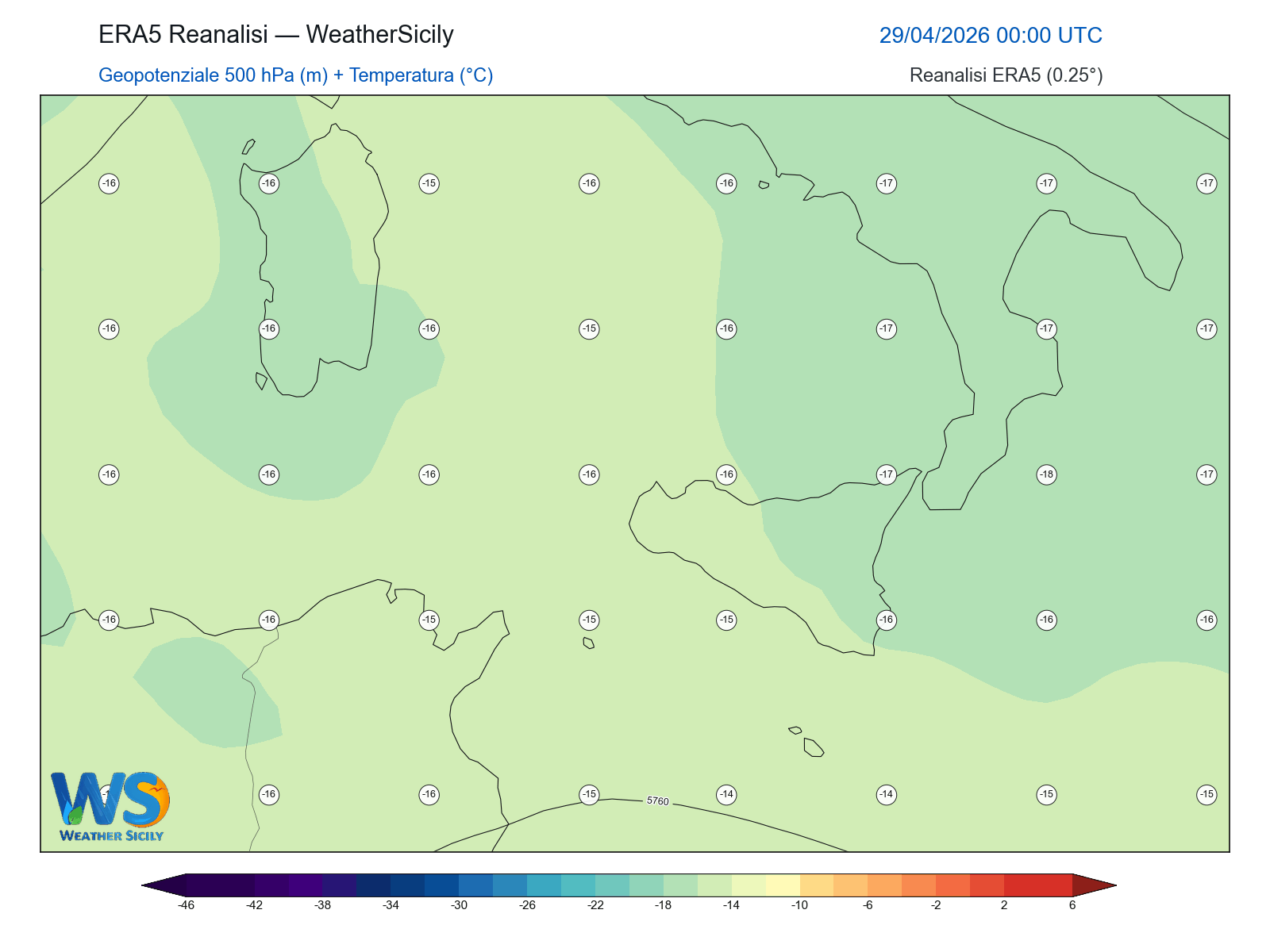 Geopotenziale 500 hPa + Temperatura · 2026042900