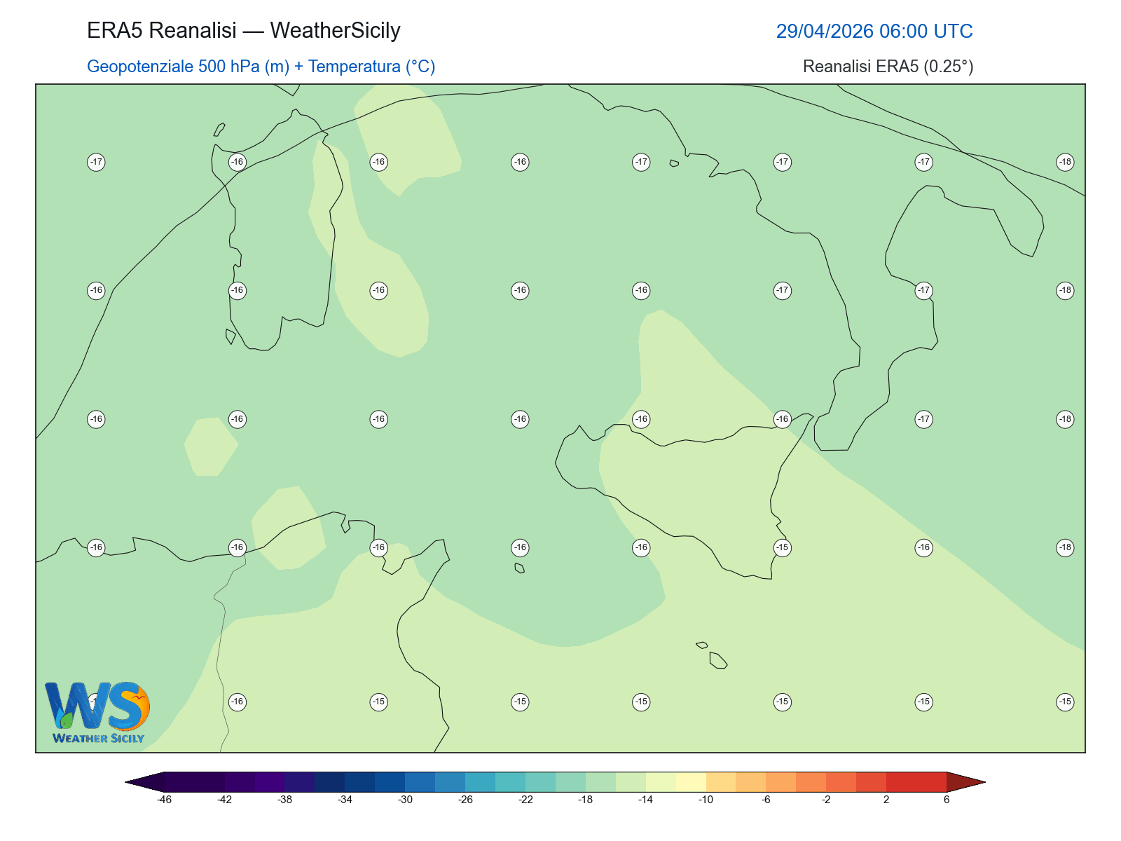 Geopotenziale 500 hPa + Temperatura · 2026042906
