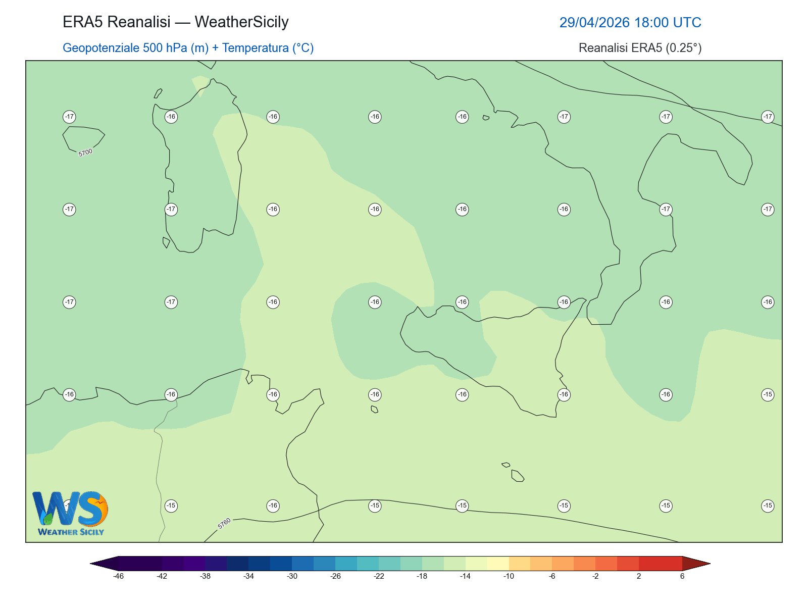 Geopotenziale 500 hPa + Temperatura · 2026042918