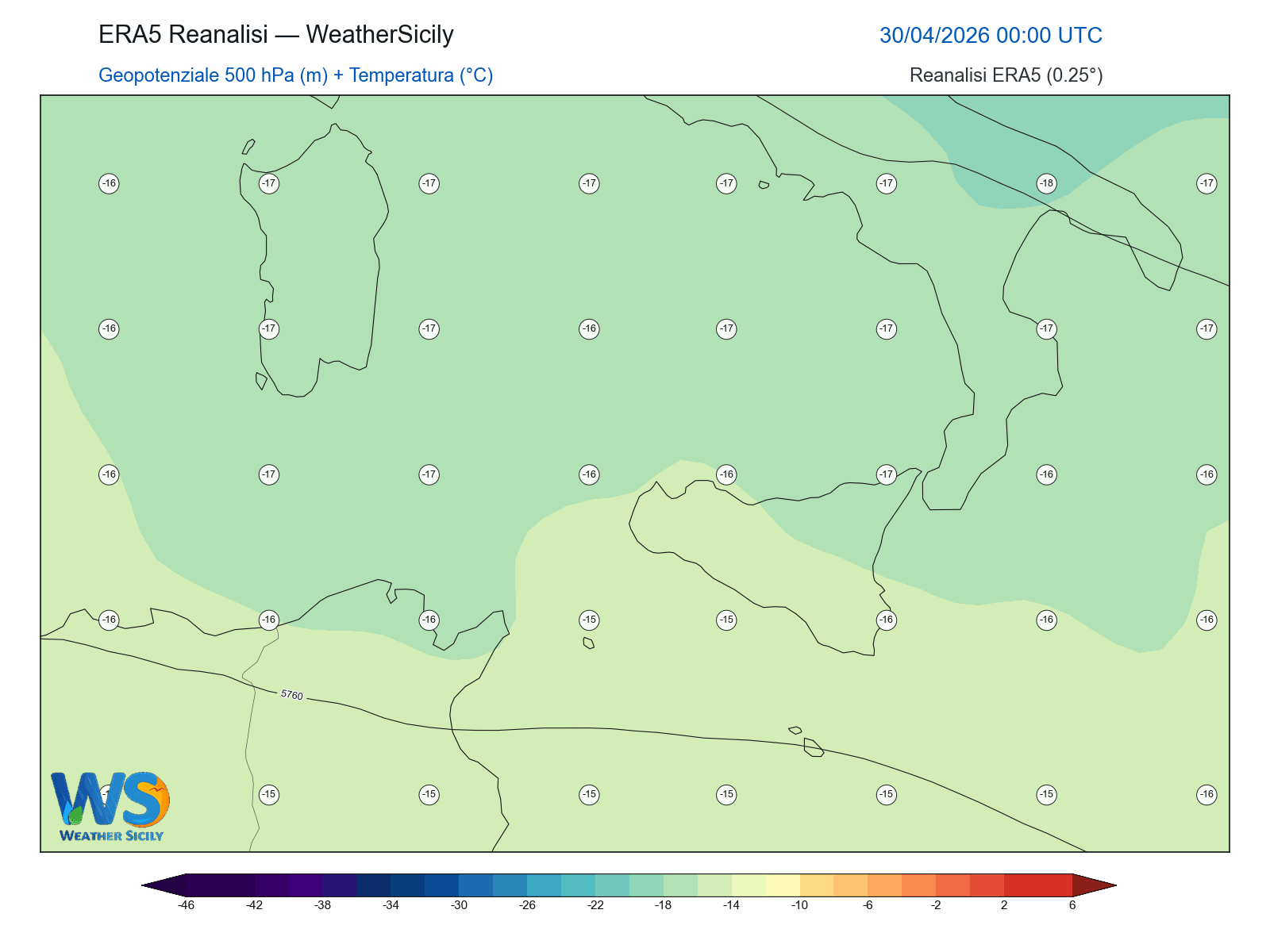 Geopotenziale 500 hPa + Temperatura · 2026043000
