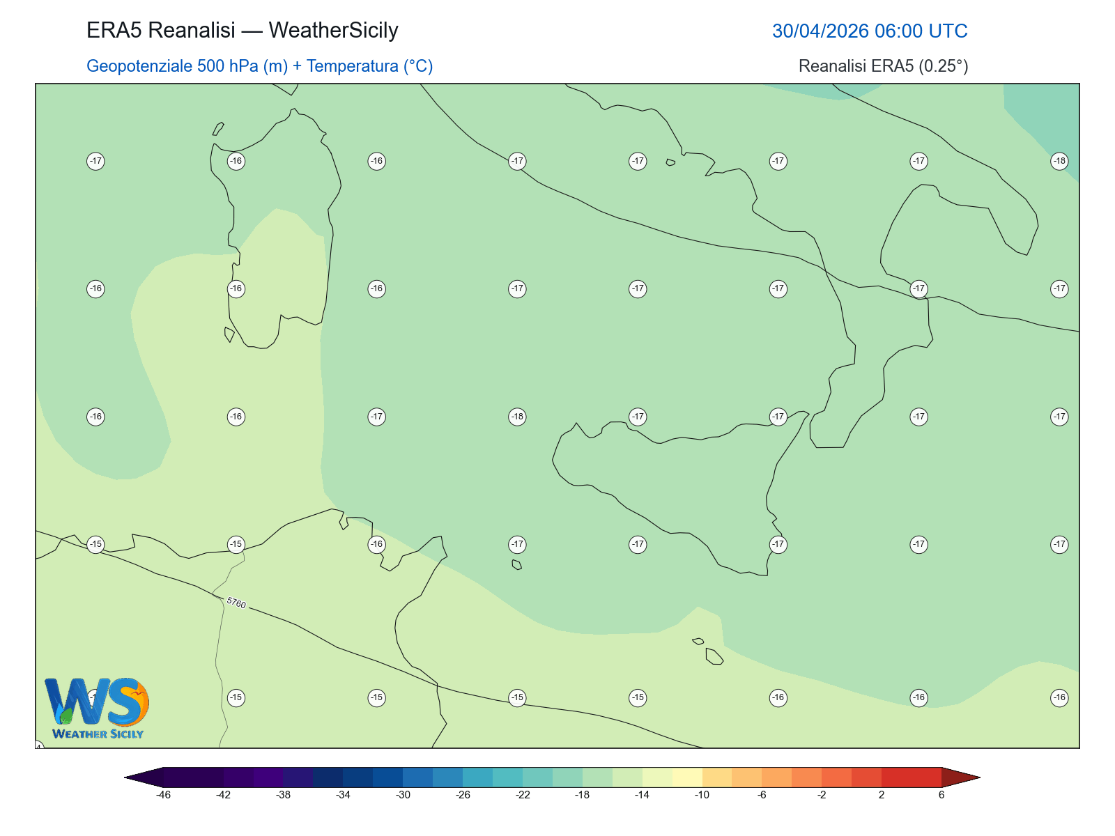 Geopotenziale 500 hPa + Temperatura · 2026043006