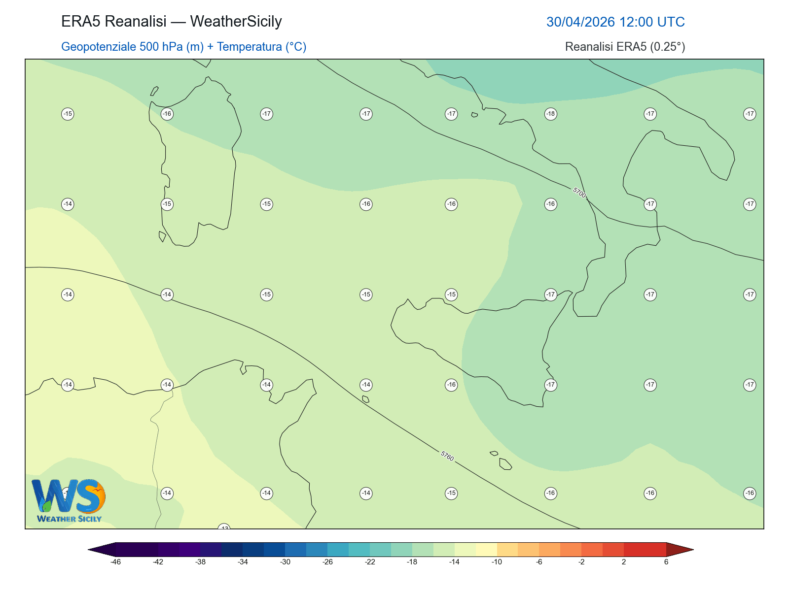 Geopotenziale 500 hPa + Temperatura · 2026043012