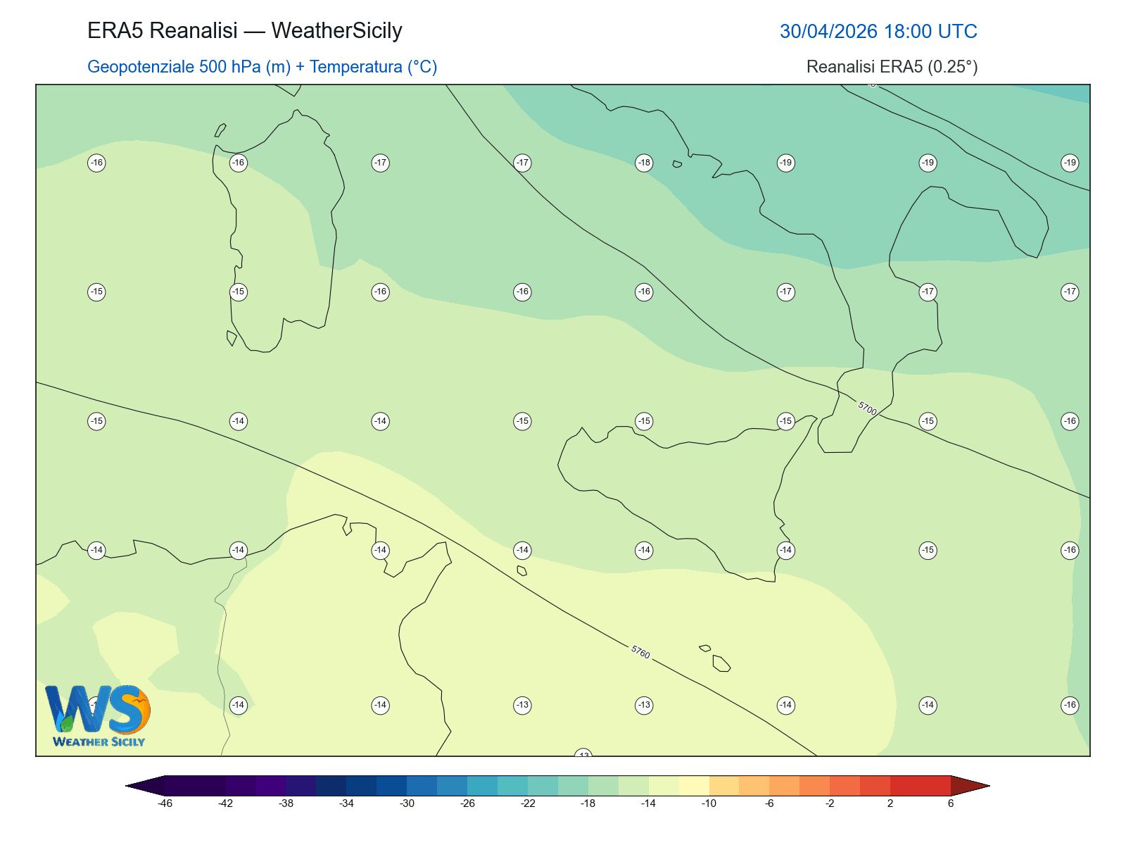 Geopotenziale 500 hPa + Temperatura · 2026043018