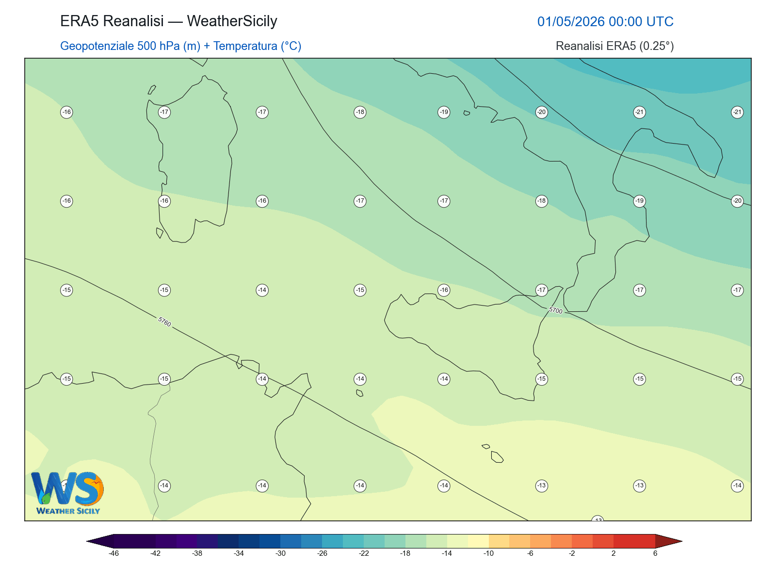 Geopotenziale 500 hPa + Temperatura · 2026050100