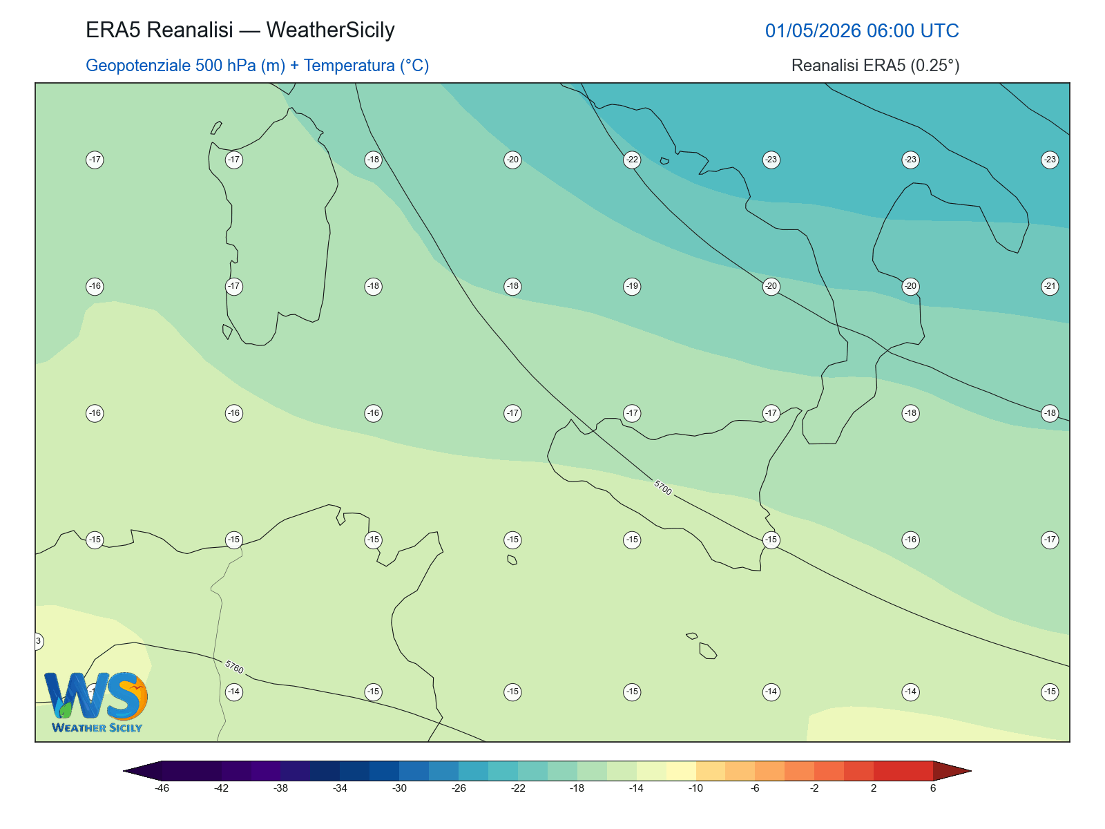 Geopotenziale 500 hPa + Temperatura · 2026050106