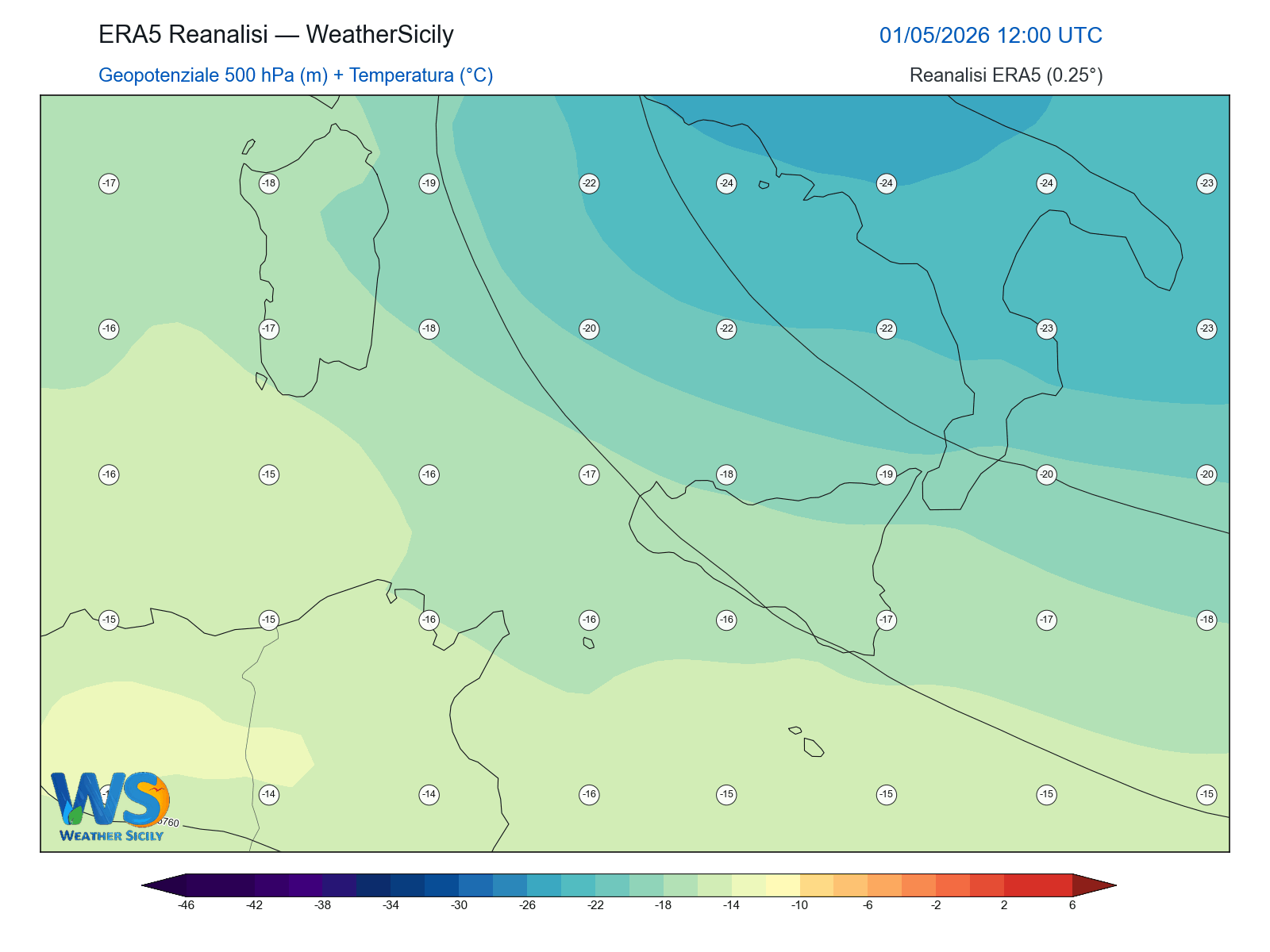Geopotenziale 500 hPa + Temperatura · 2026050112