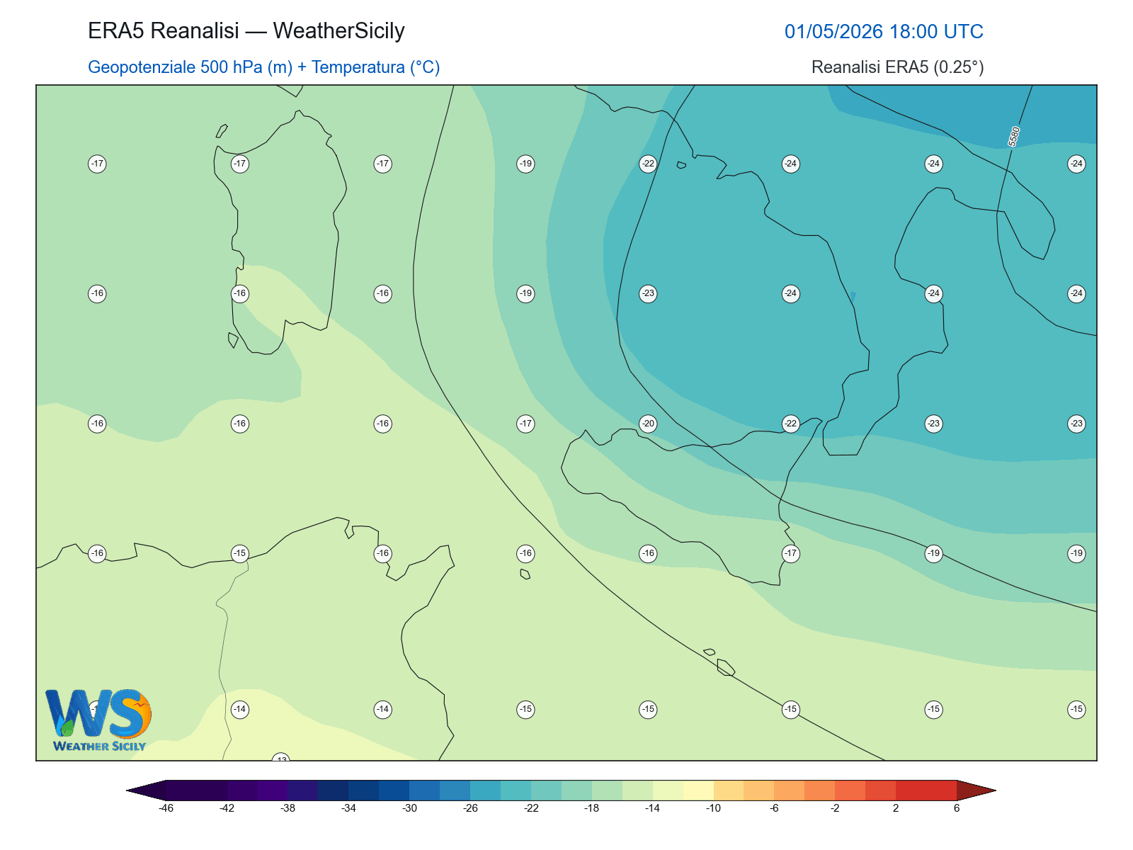 Geopotenziale 500 hPa + Temperatura · 2026050118