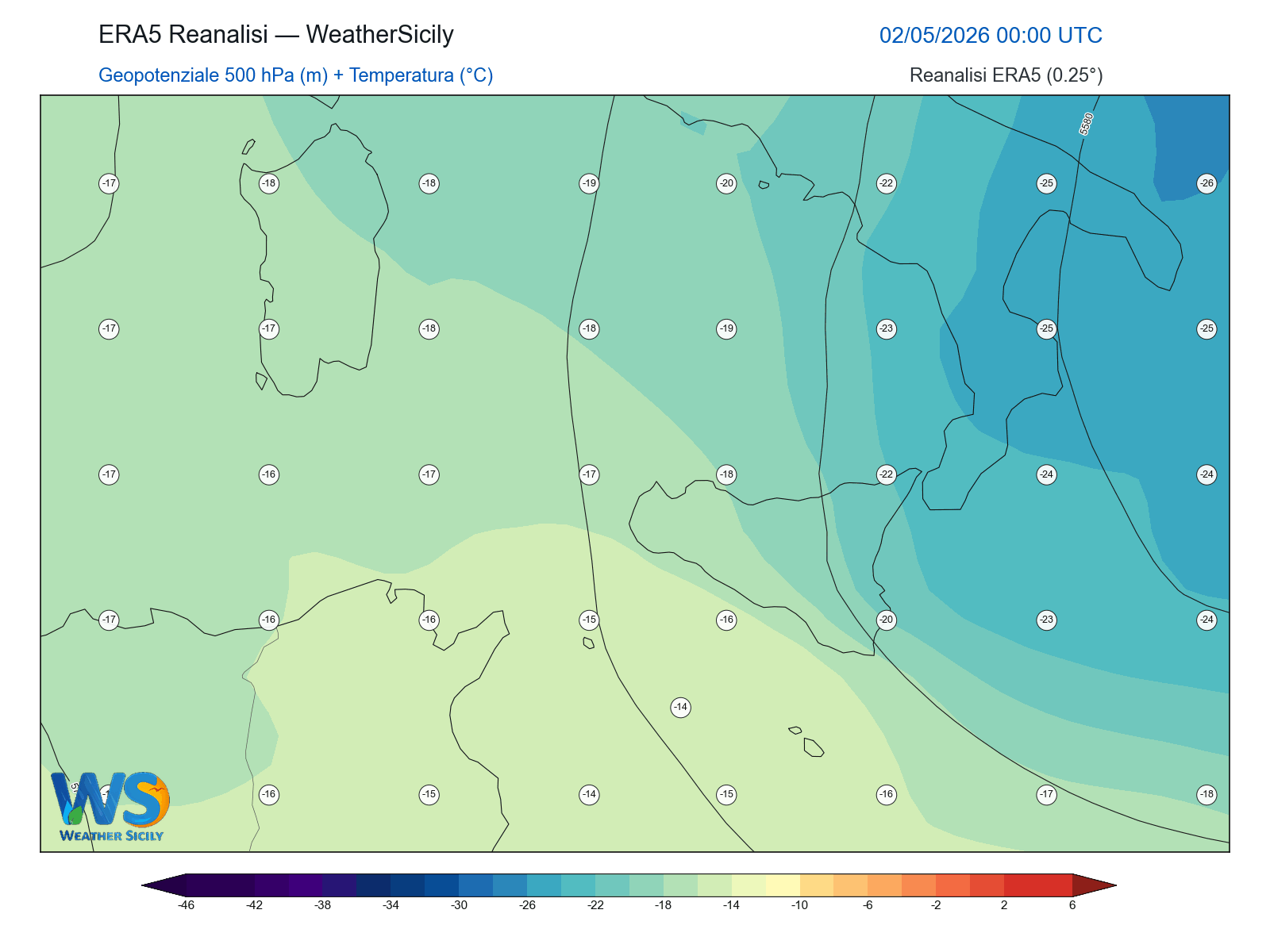 Geopotenziale 500 hPa + Temperatura · 2026050200
