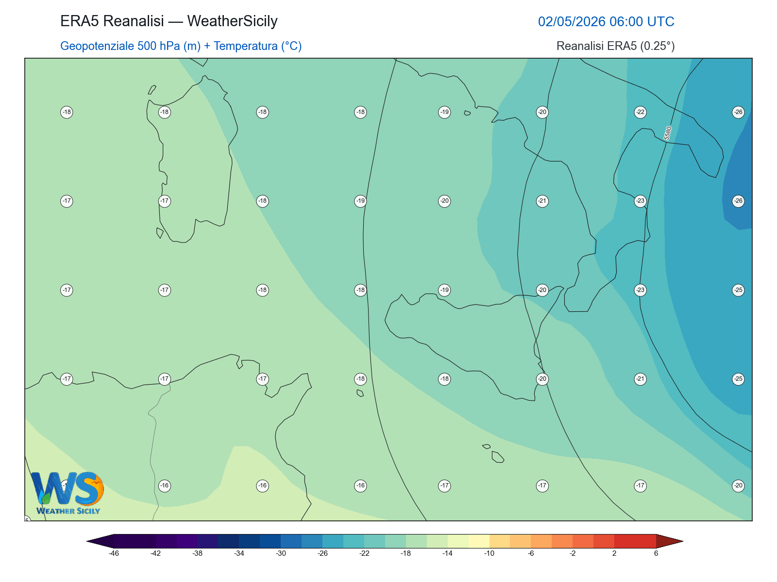 Geopotenziale 500 hPa + Temperatura · 2026050206