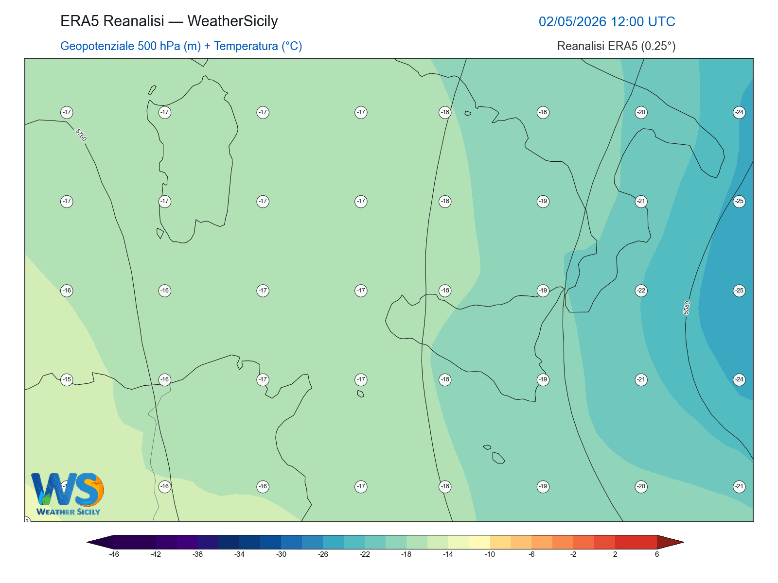 Geopotenziale 500 hPa + Temperatura · 2026050212