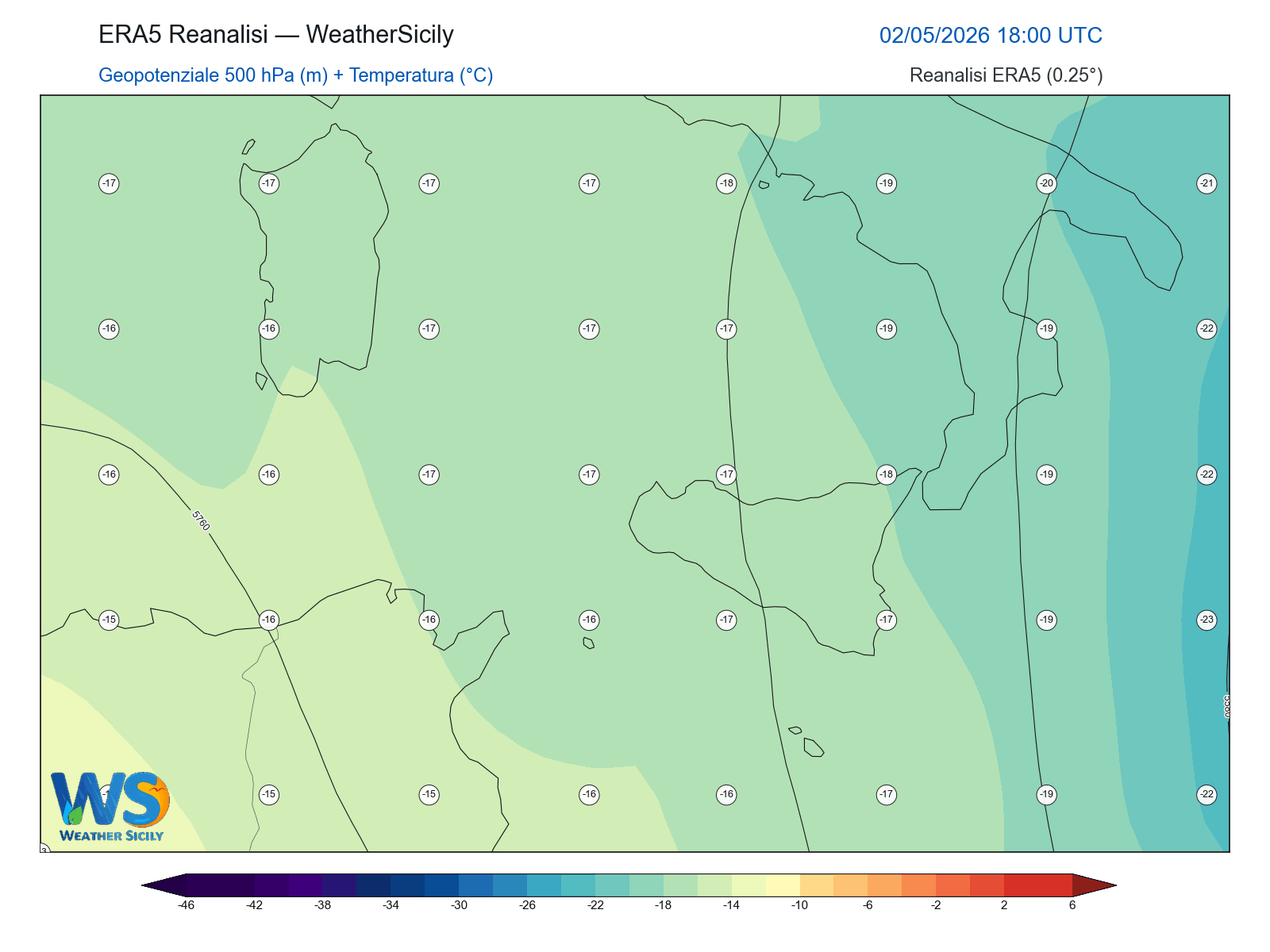 Geopotenziale 500 hPa + Temperatura · 2026050218