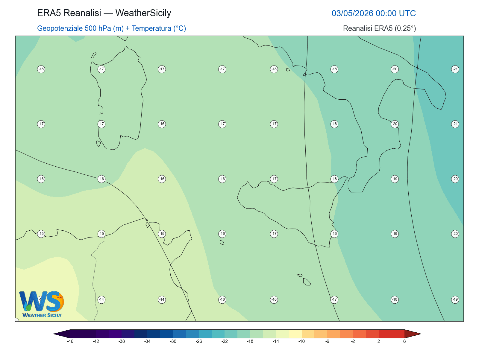 Geopotenziale 500 hPa + Temperatura · 2026050300