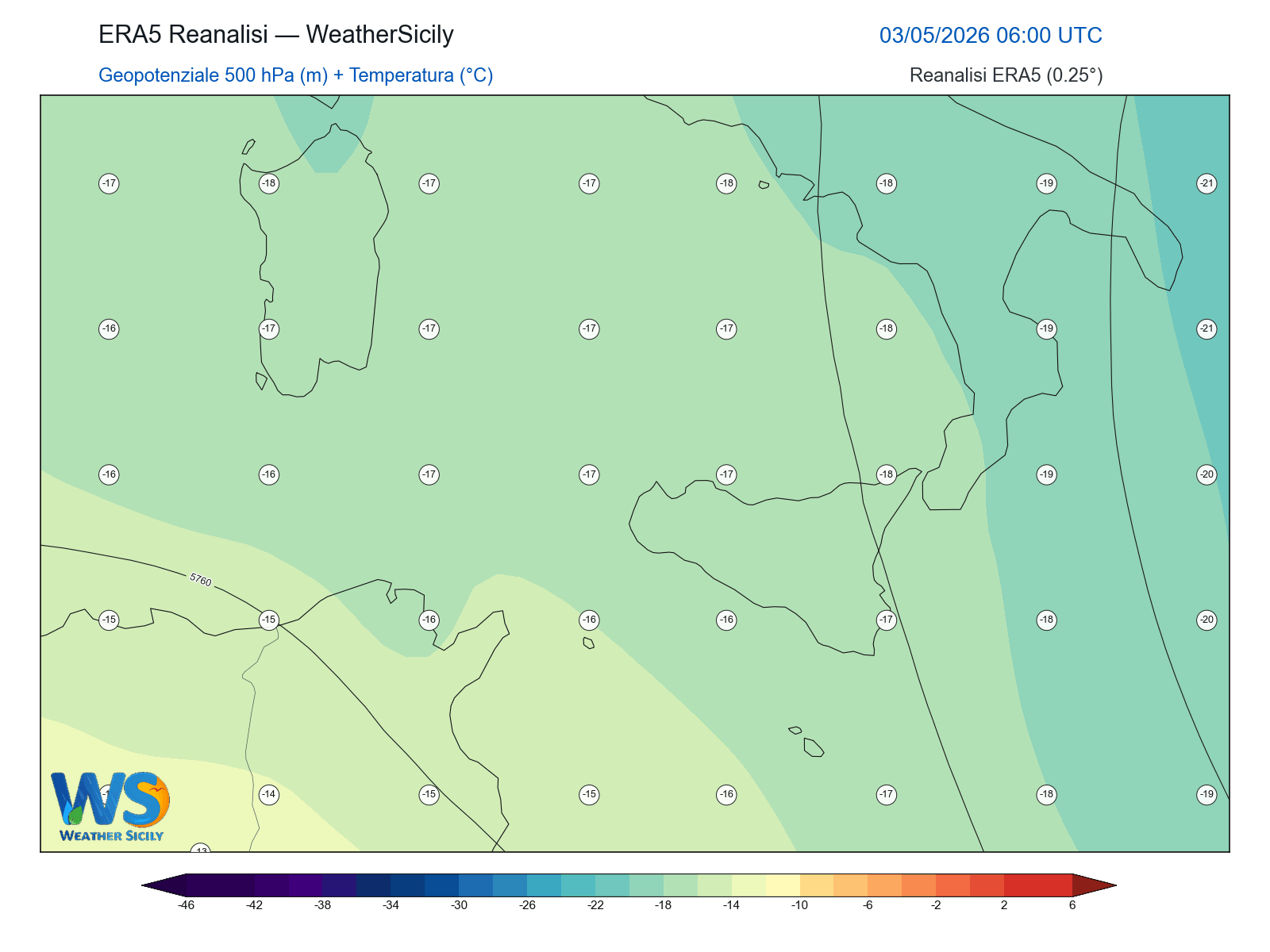 Geopotenziale 500 hPa + Temperatura · 2026050306