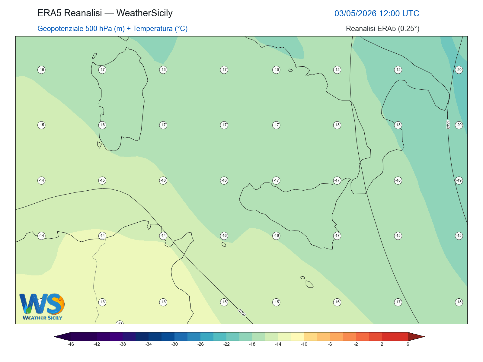 Geopotenziale 500 hPa + Temperatura · 2026050312