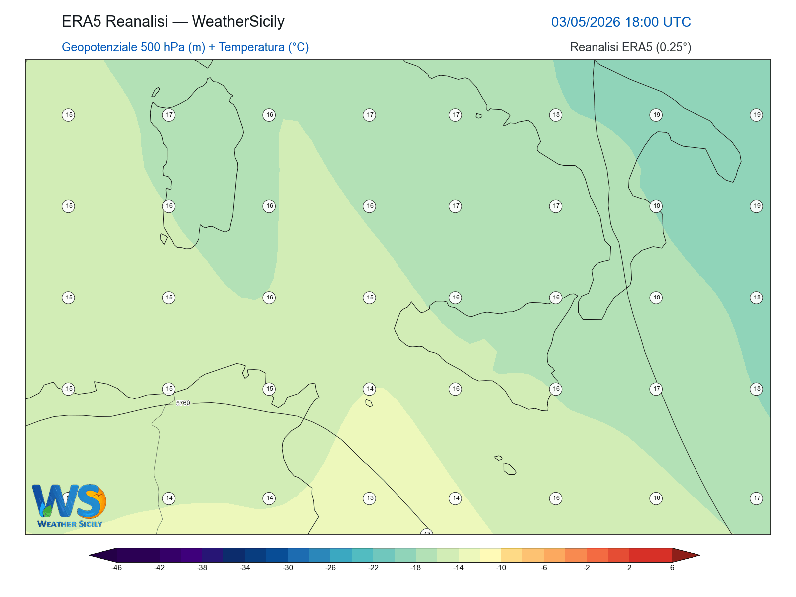 Geopotenziale 500 hPa + Temperatura · 2026050318