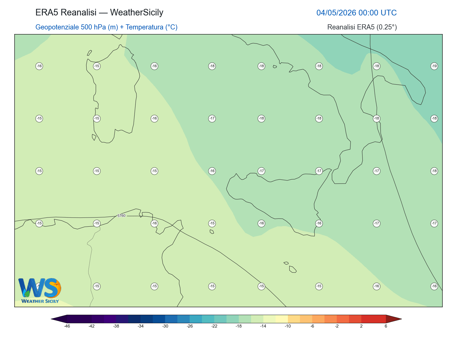Geopotenziale 500 hPa + Temperatura · 2026050400