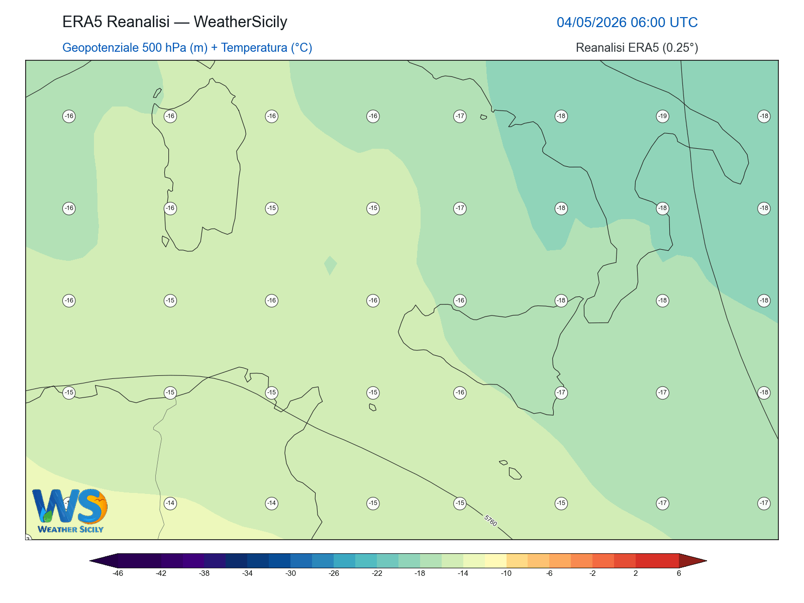 Geopotenziale 500 hPa + Temperatura · 2026050406