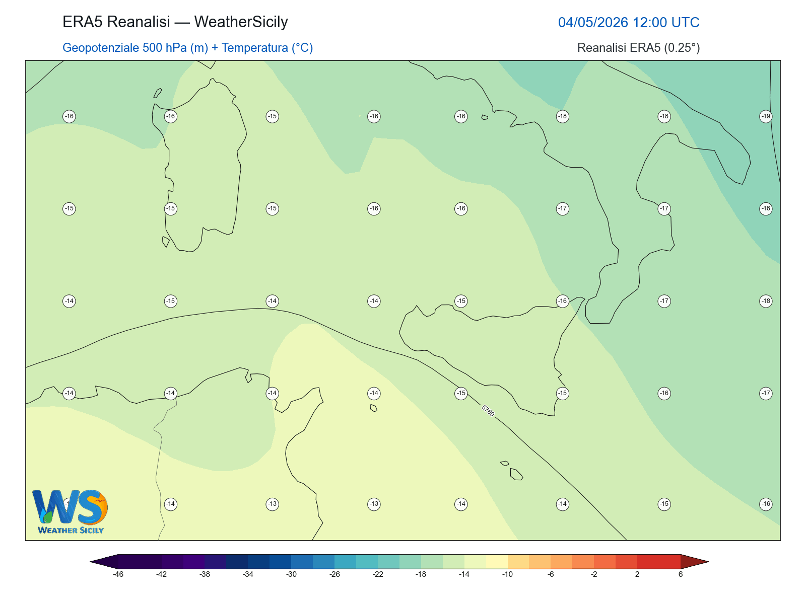 Geopotenziale 500 hPa + Temperatura · 2026050412