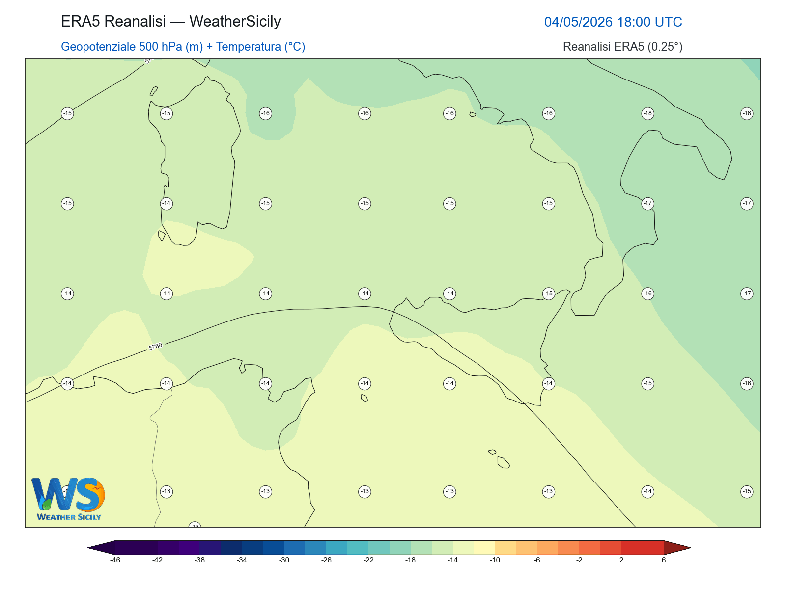 Geopotenziale 500 hPa + Temperatura · 2026050418
