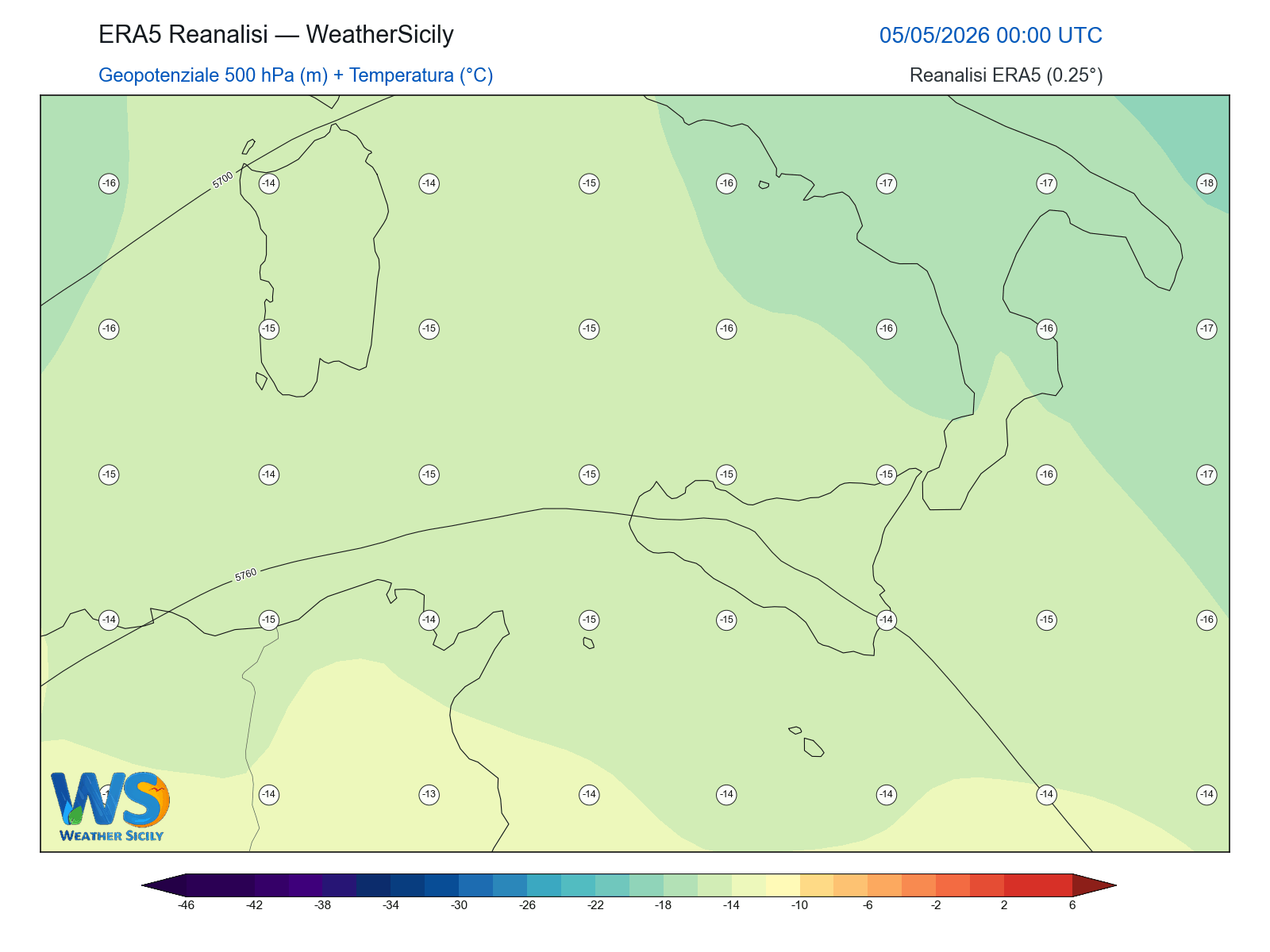 Geopotenziale 500 hPa + Temperatura · 2026050500