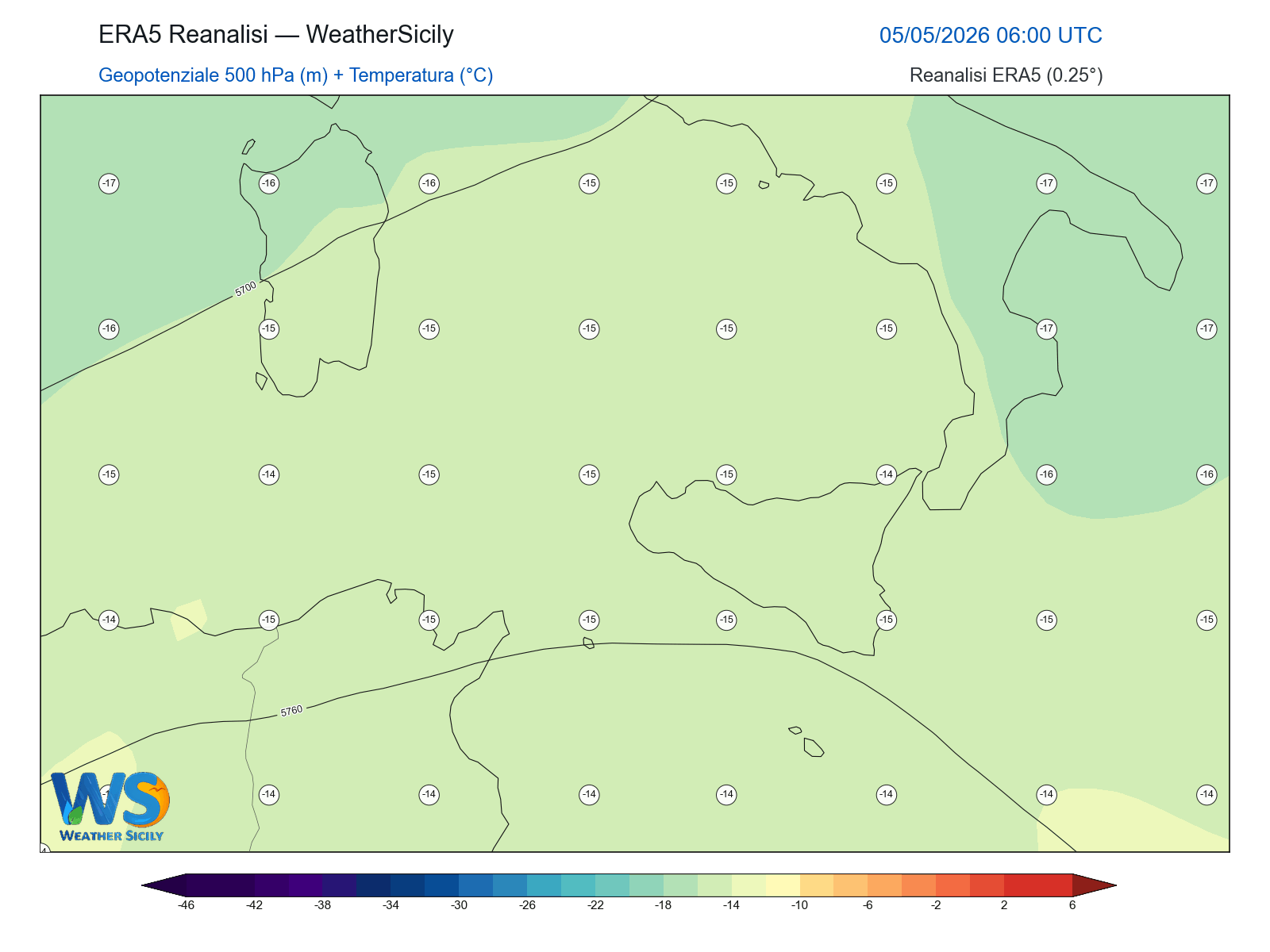 Geopotenziale 500 hPa + Temperatura · 2026050506