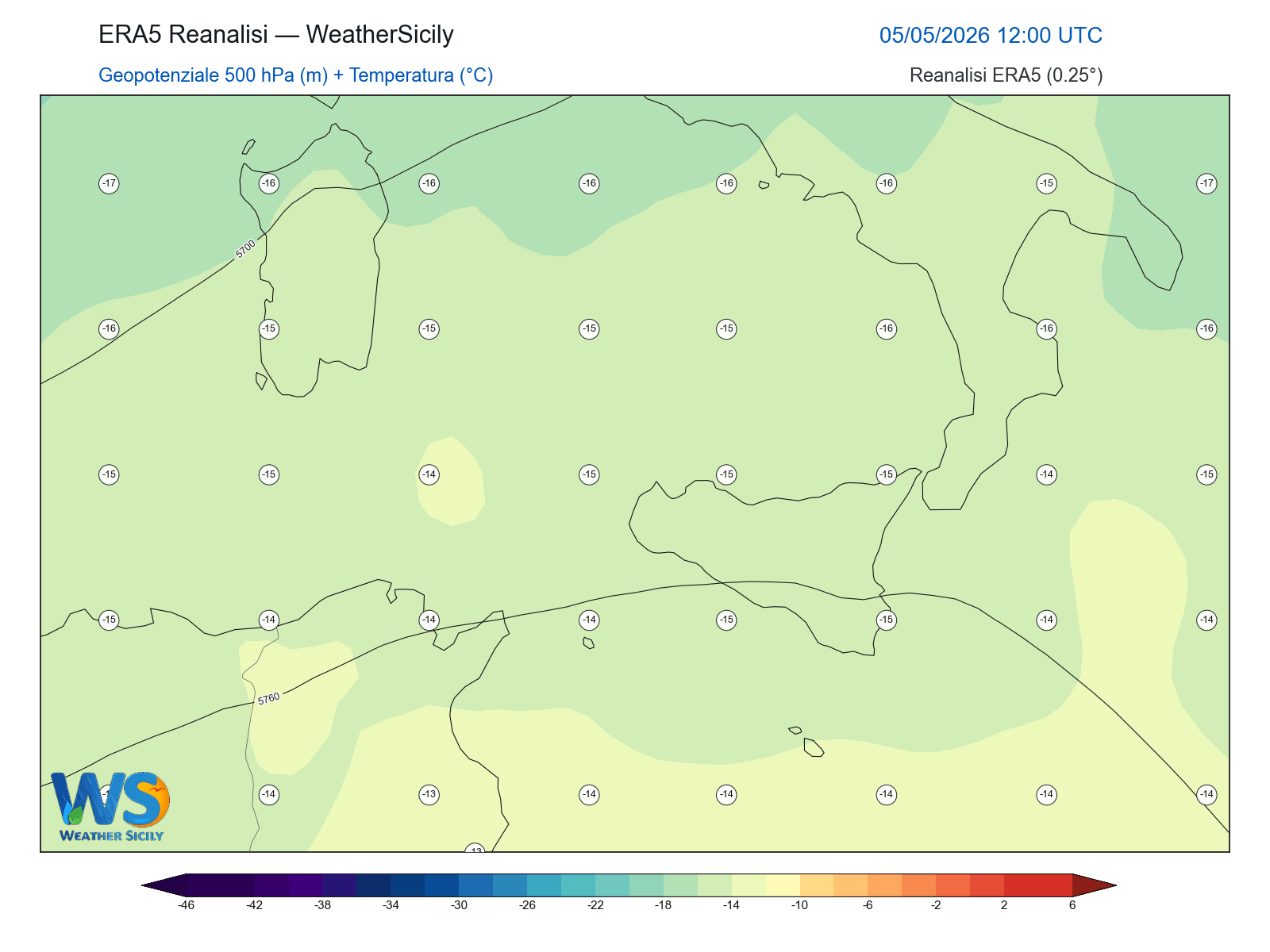 Geopotenziale 500 hPa + Temperatura · 2026050512