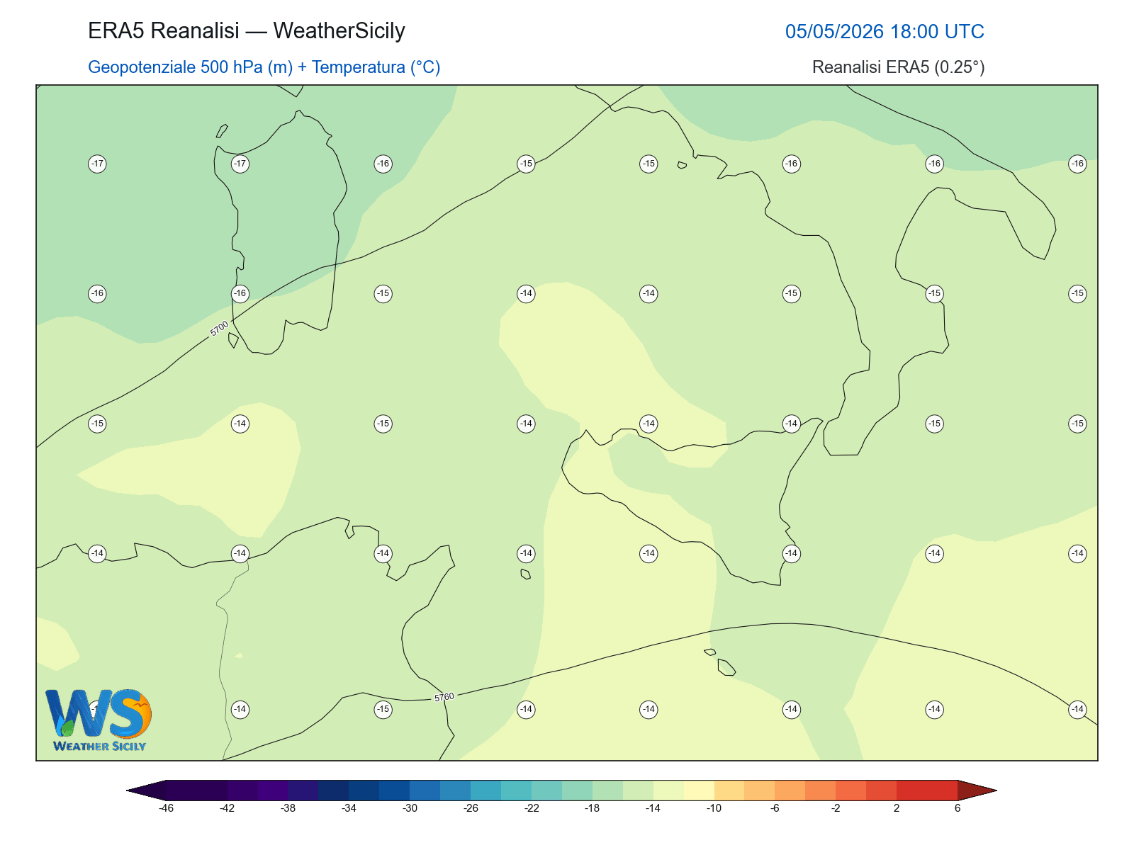 Geopotenziale 500 hPa + Temperatura · 2026050518