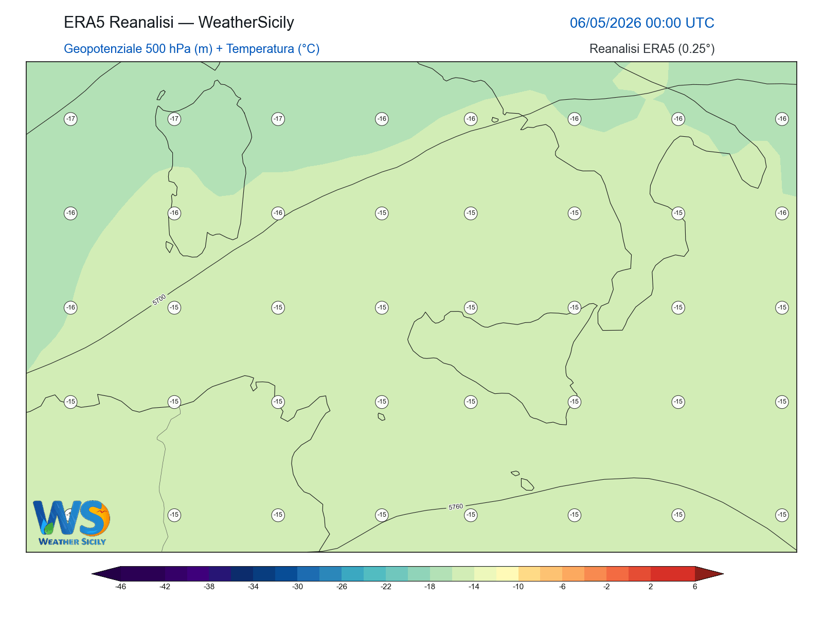Geopotenziale 500 hPa + Temperatura · 2026050600