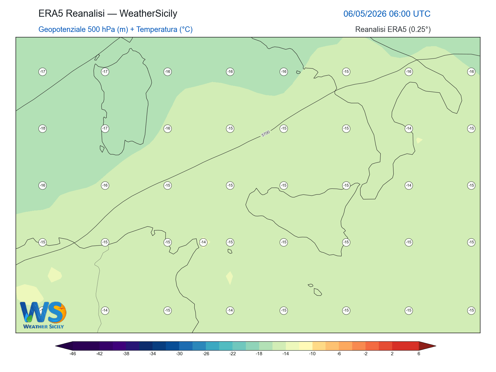 Geopotenziale 500 hPa + Temperatura · 2026050606