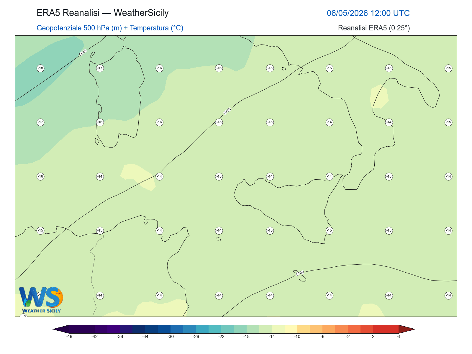 Geopotenziale 500 hPa + Temperatura · 2026050612