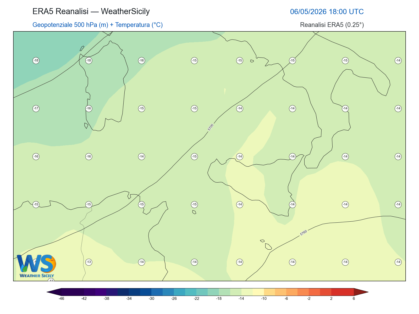 Geopotenziale 500 hPa + Temperatura · 2026050618