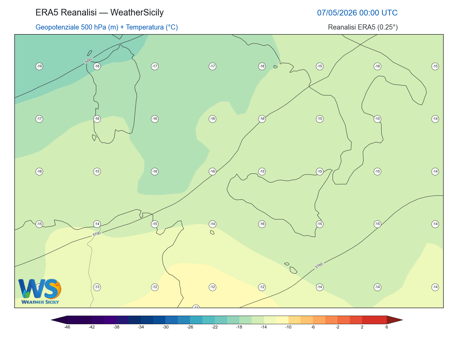 Geopotenziale 500 hPa + Temperatura · 2026050700