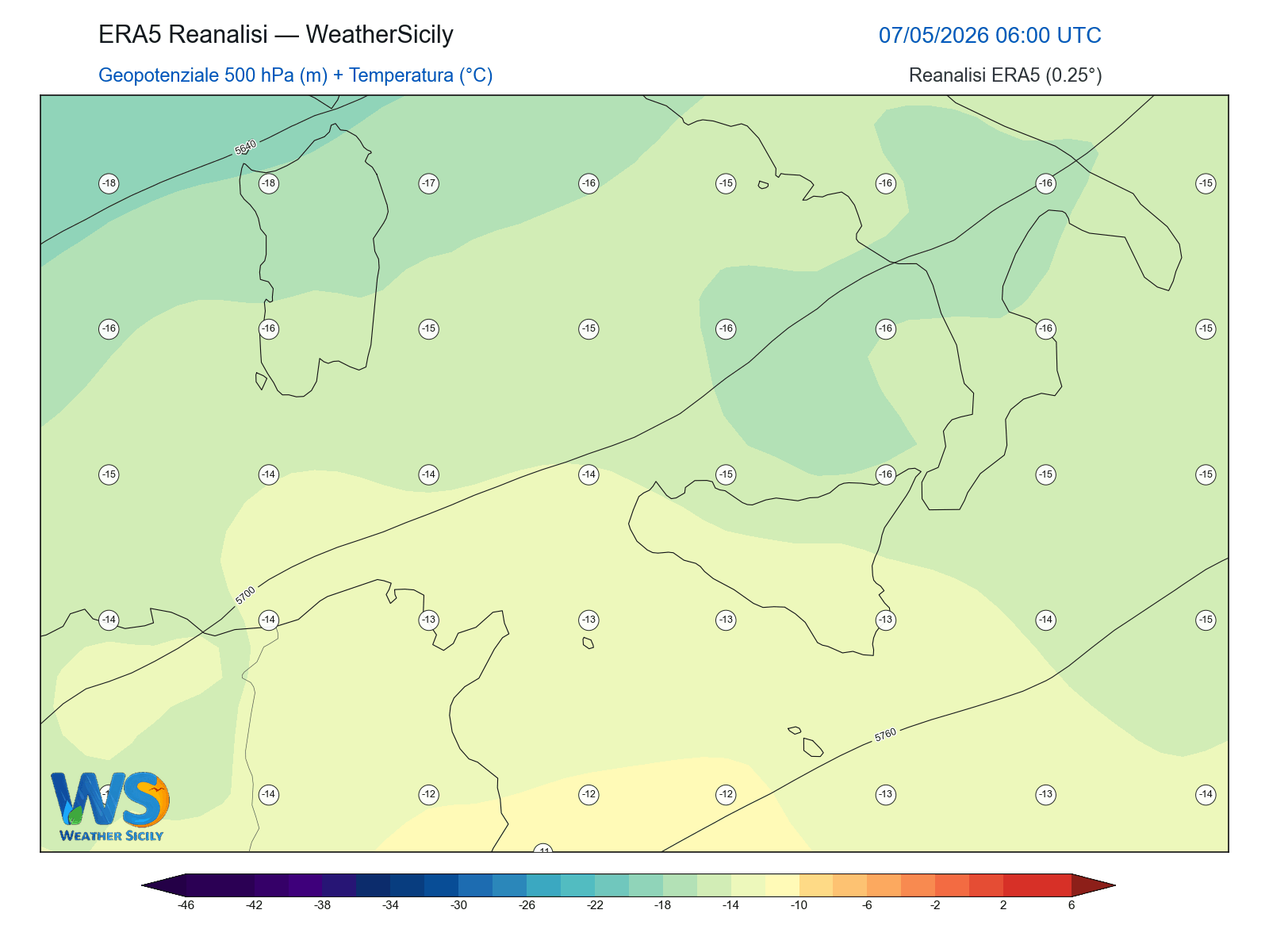 Geopotenziale 500 hPa + Temperatura · 2026050706