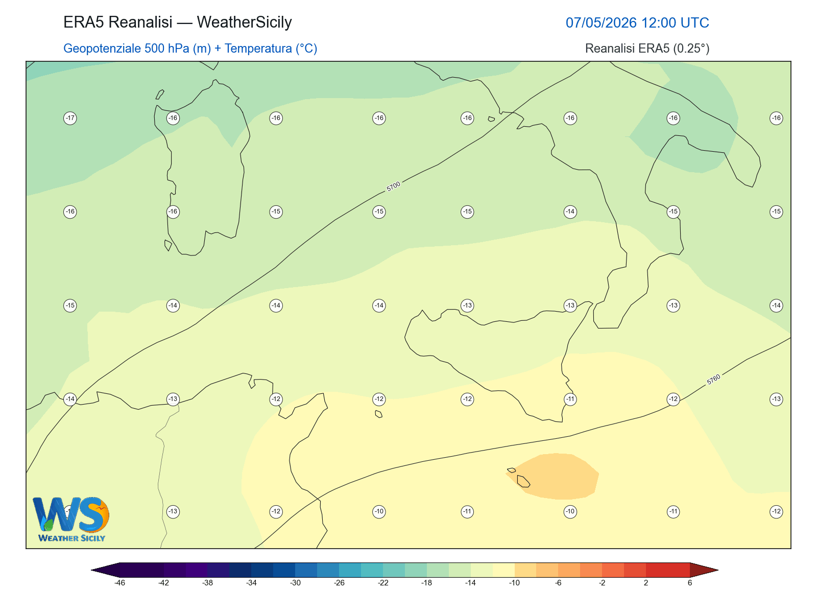Geopotenziale 500 hPa + Temperatura · 2026050712