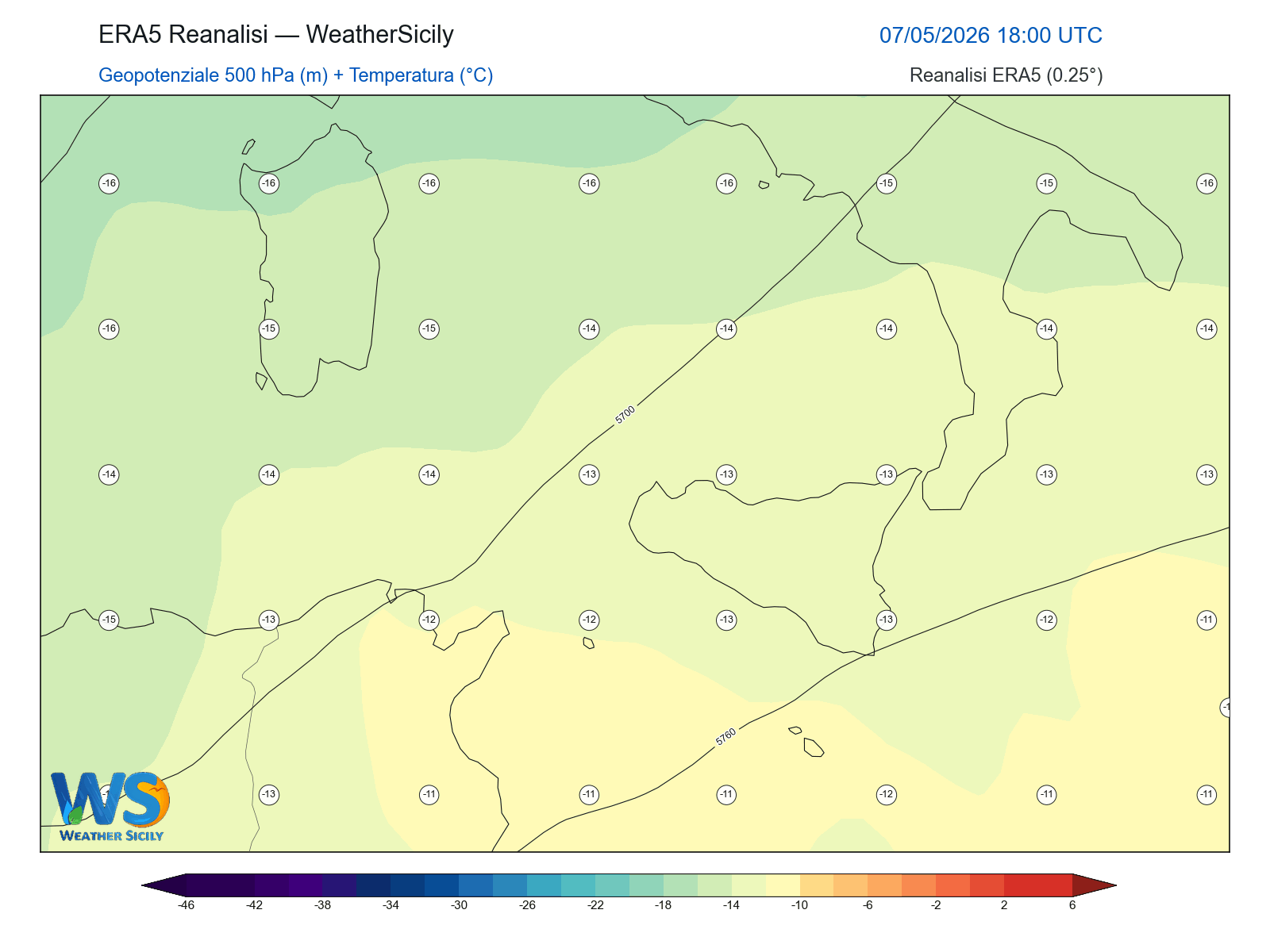 Geopotenziale 500 hPa + Temperatura · 2026050718