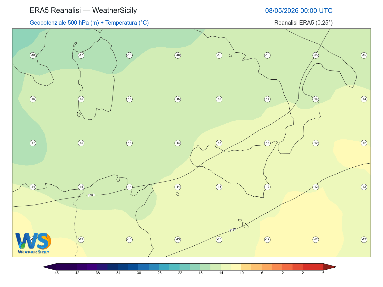 Geopotenziale 500 hPa + Temperatura · 2026050800