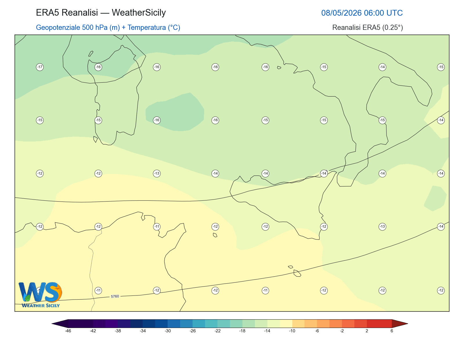 Geopotenziale 500 hPa + Temperatura · 2026050806