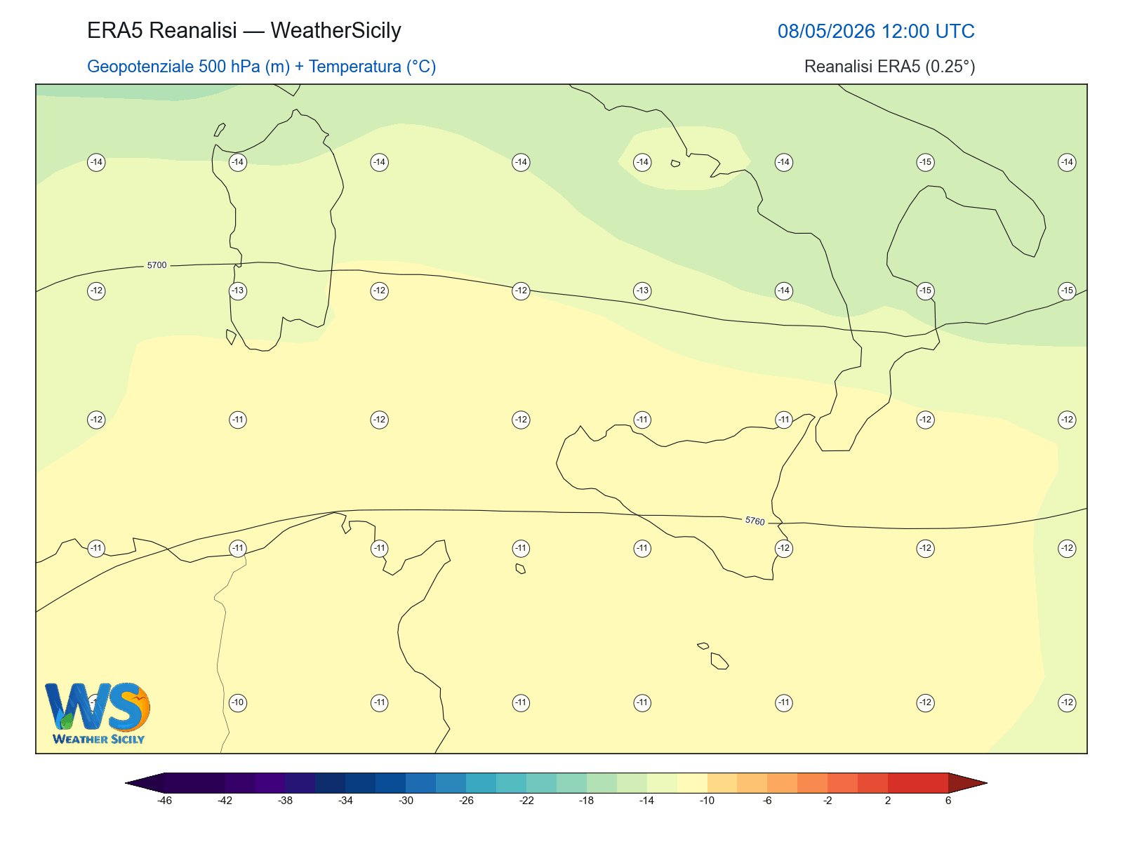 Geopotenziale 500 hPa + Temperatura · 2026050812