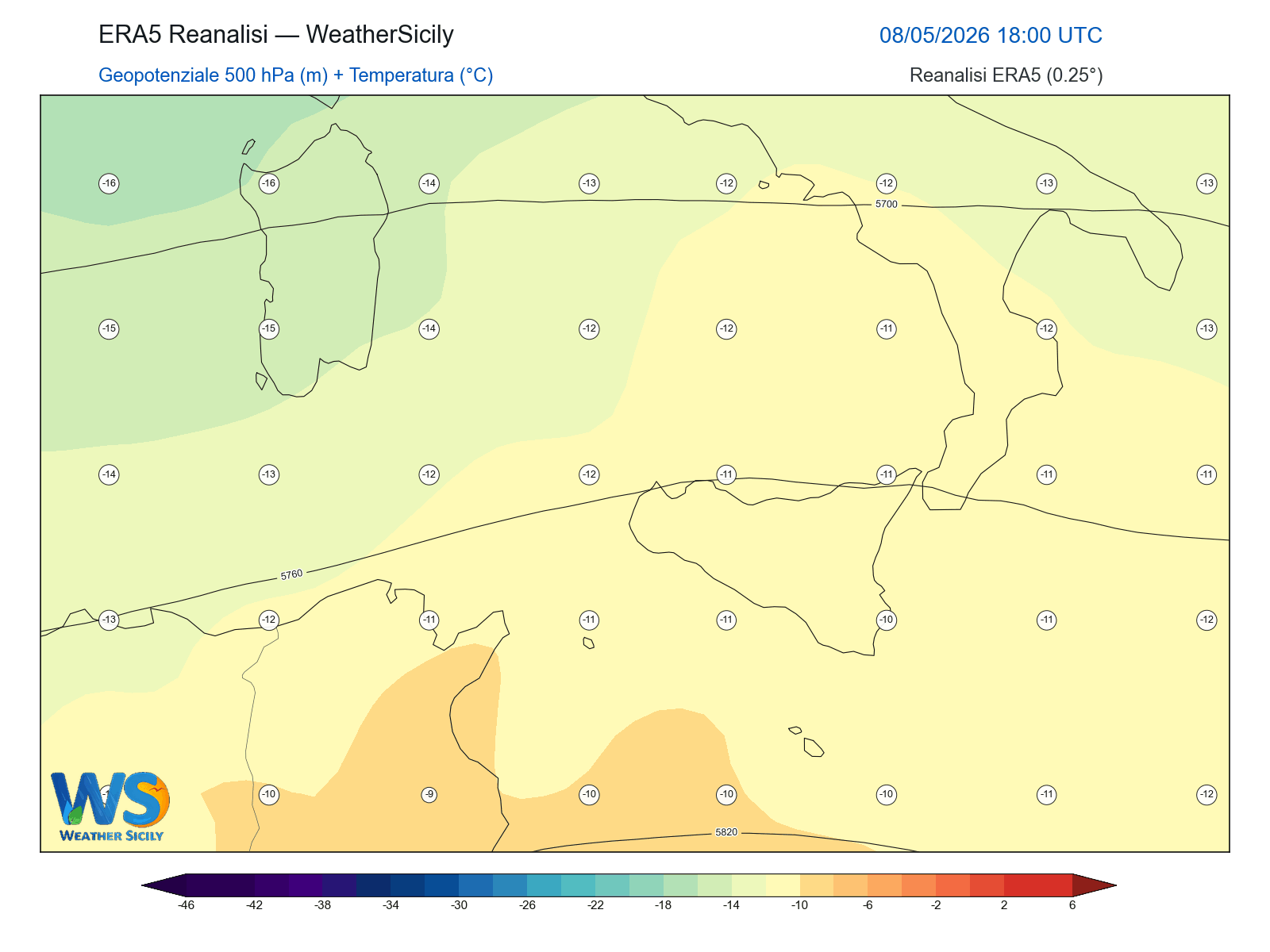 Geopotenziale 500 hPa + Temperatura · 2026050818
