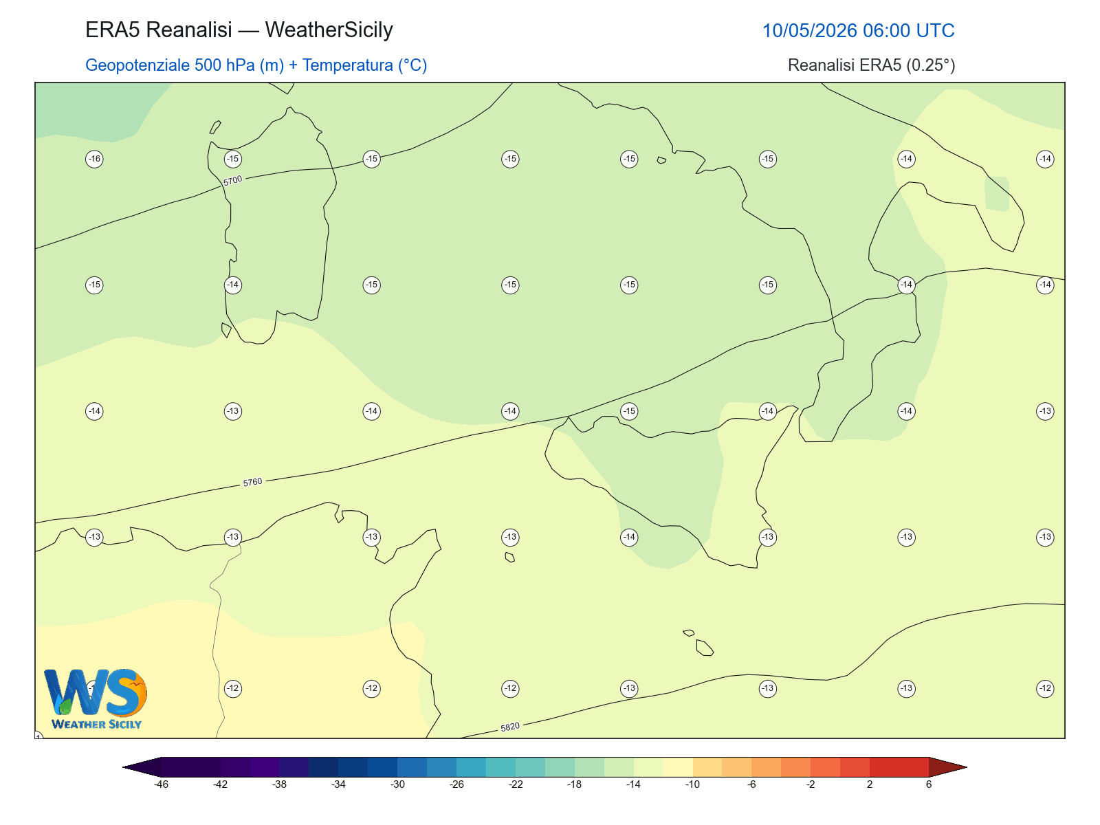 Geopotenziale 500 hPa + Temperatura · 2026051006