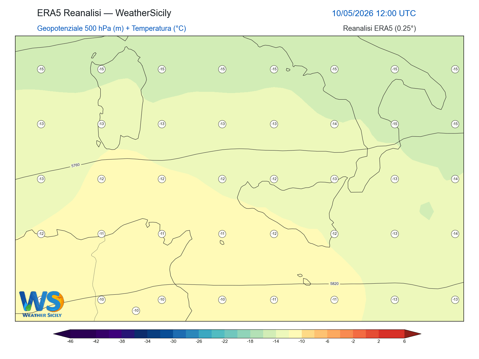 Geopotenziale 500 hPa + Temperatura · 2026051012