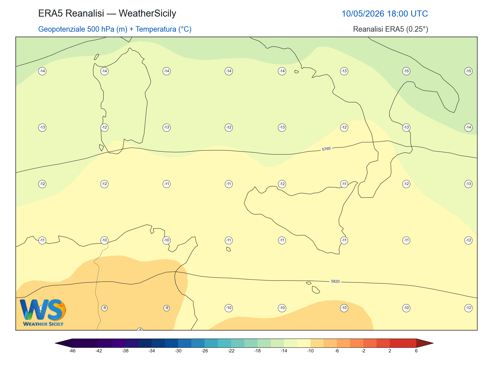 Geopotenziale 500 hPa + Temperatura · 2026051018