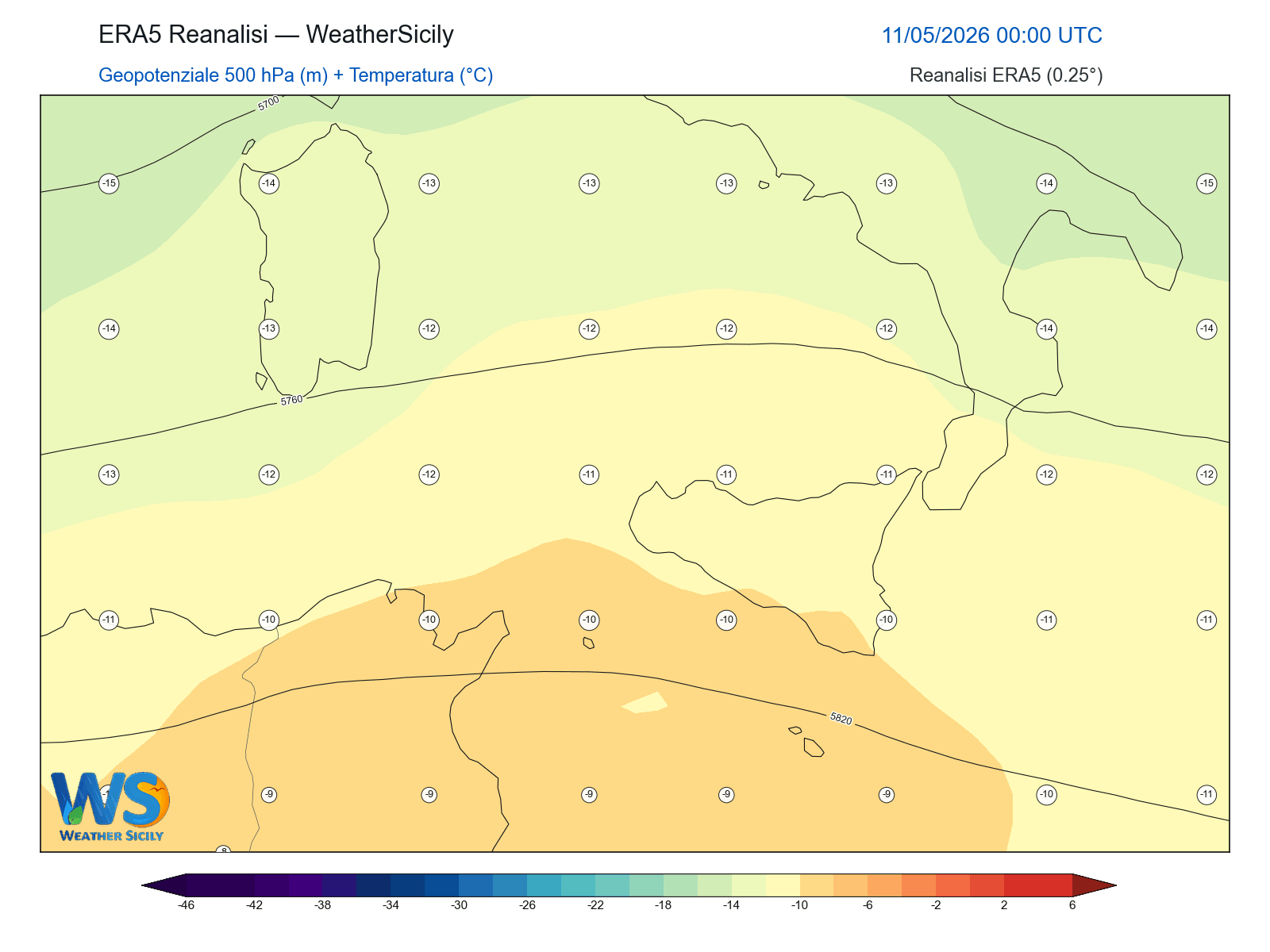 Geopotenziale 500 hPa + Temperatura · 2026051100