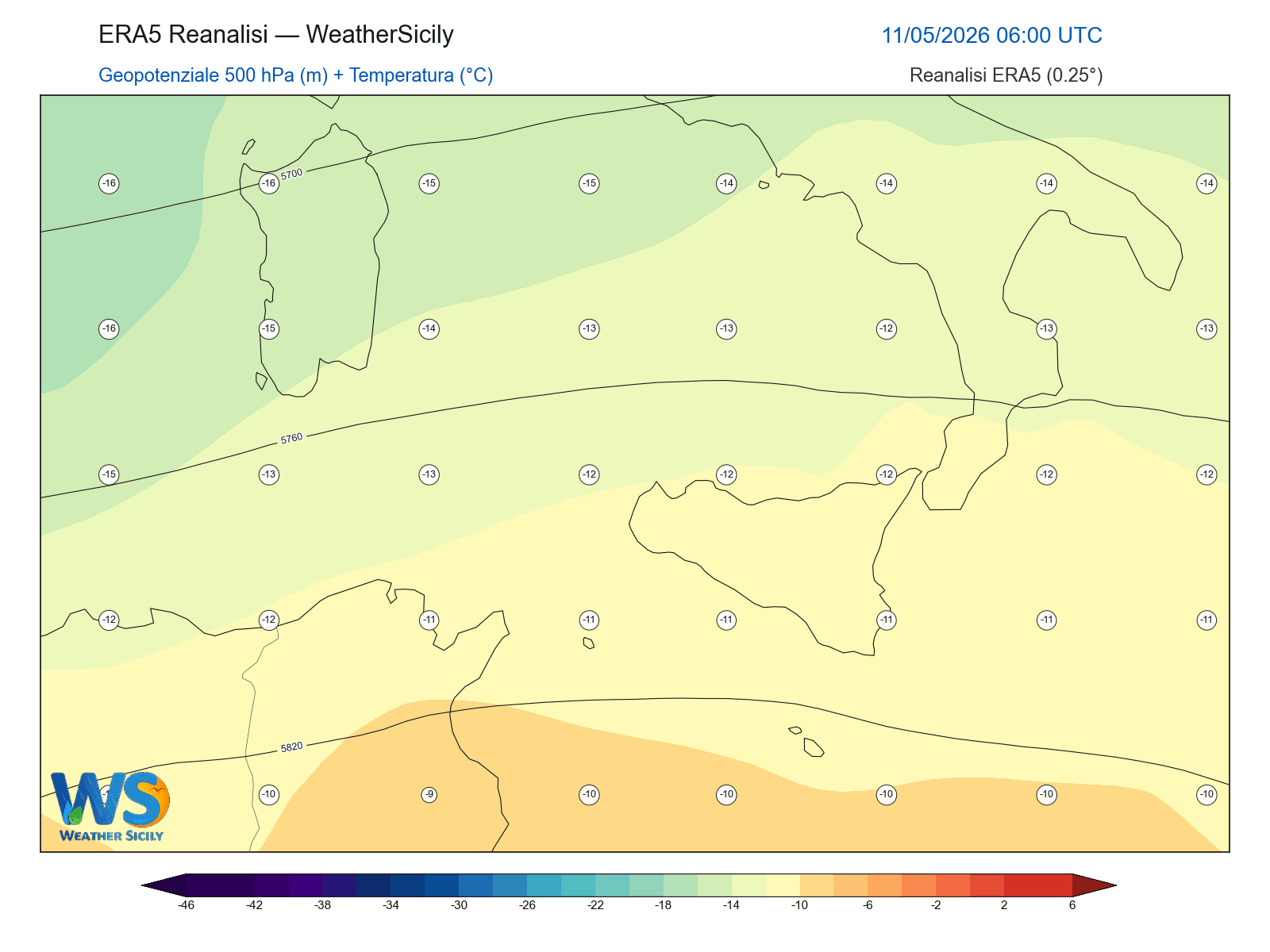 Geopotenziale 500 hPa + Temperatura · 2026051106