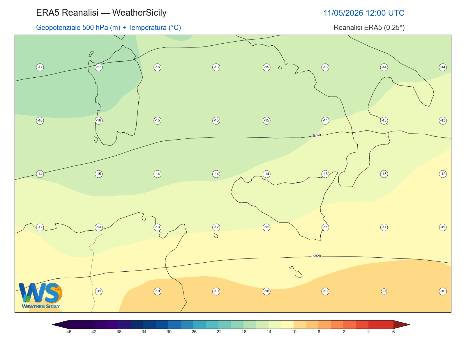 Geopotenziale 500 hPa + Temperatura · 2026051112