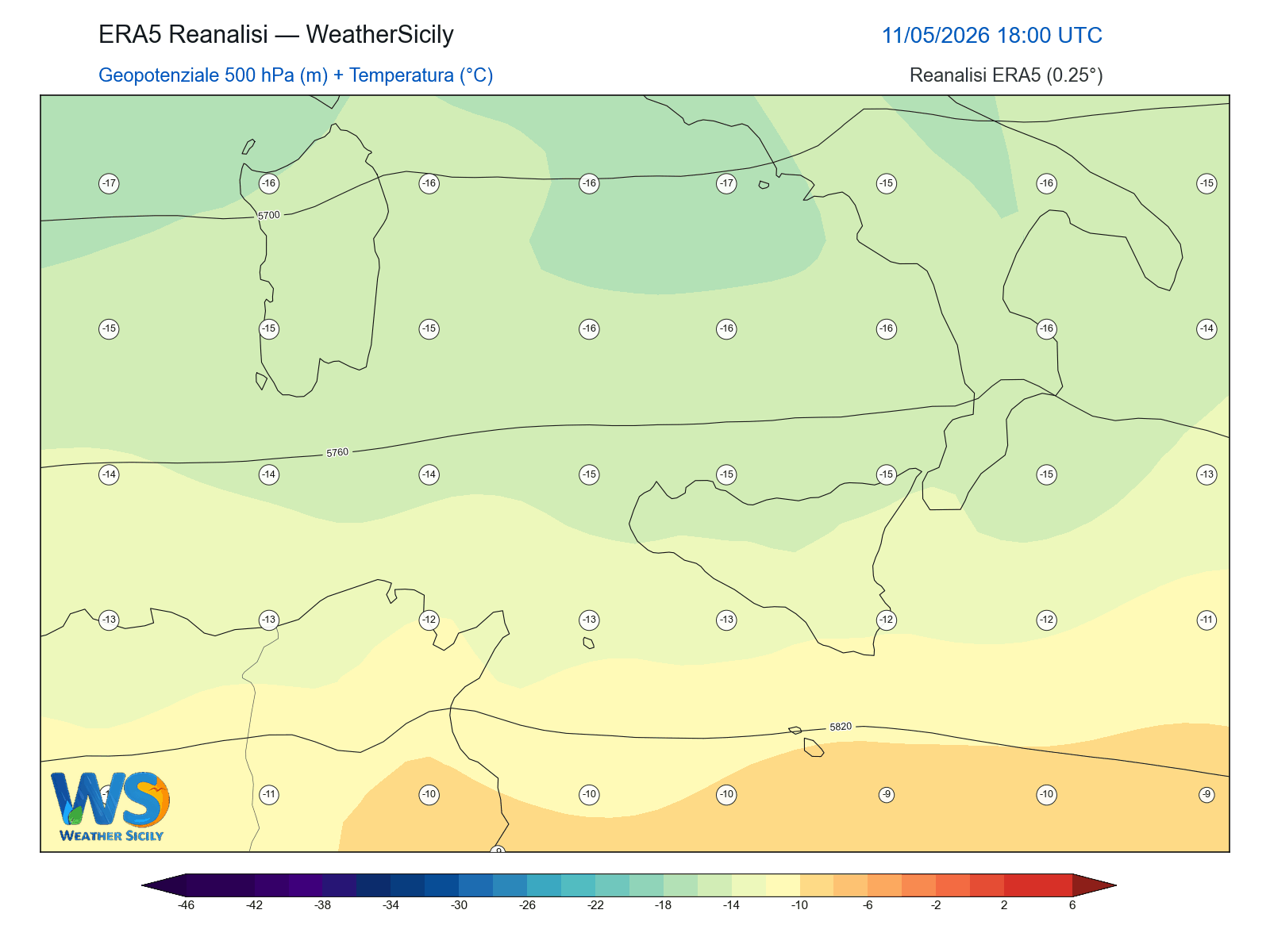 Geopotenziale 500 hPa + Temperatura · 2026051118