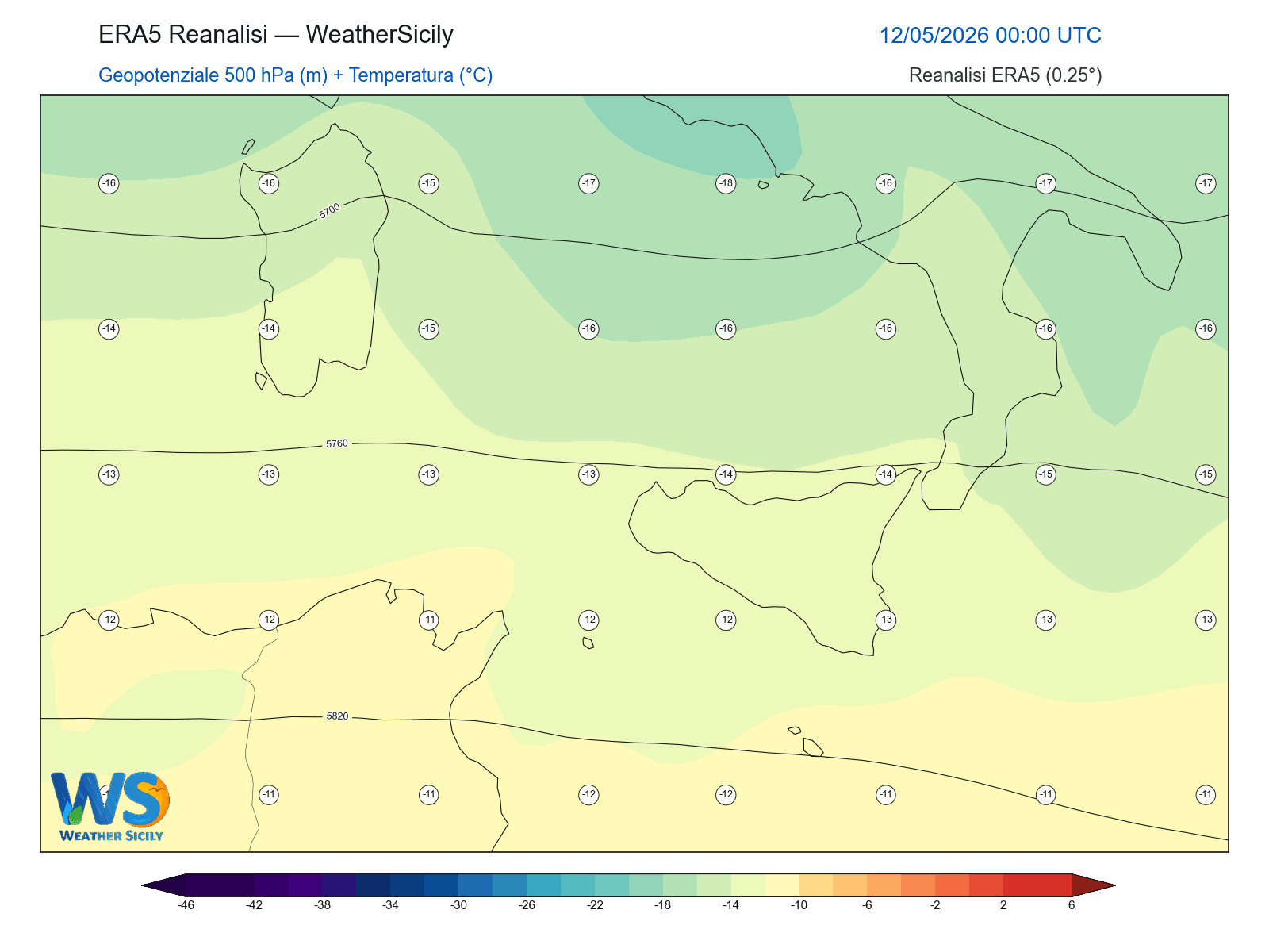 Geopotenziale 500 hPa + Temperatura · 2026051200