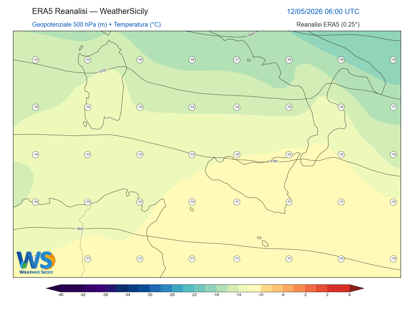 Geopotenziale 500 hPa + Temperatura · 2026051206