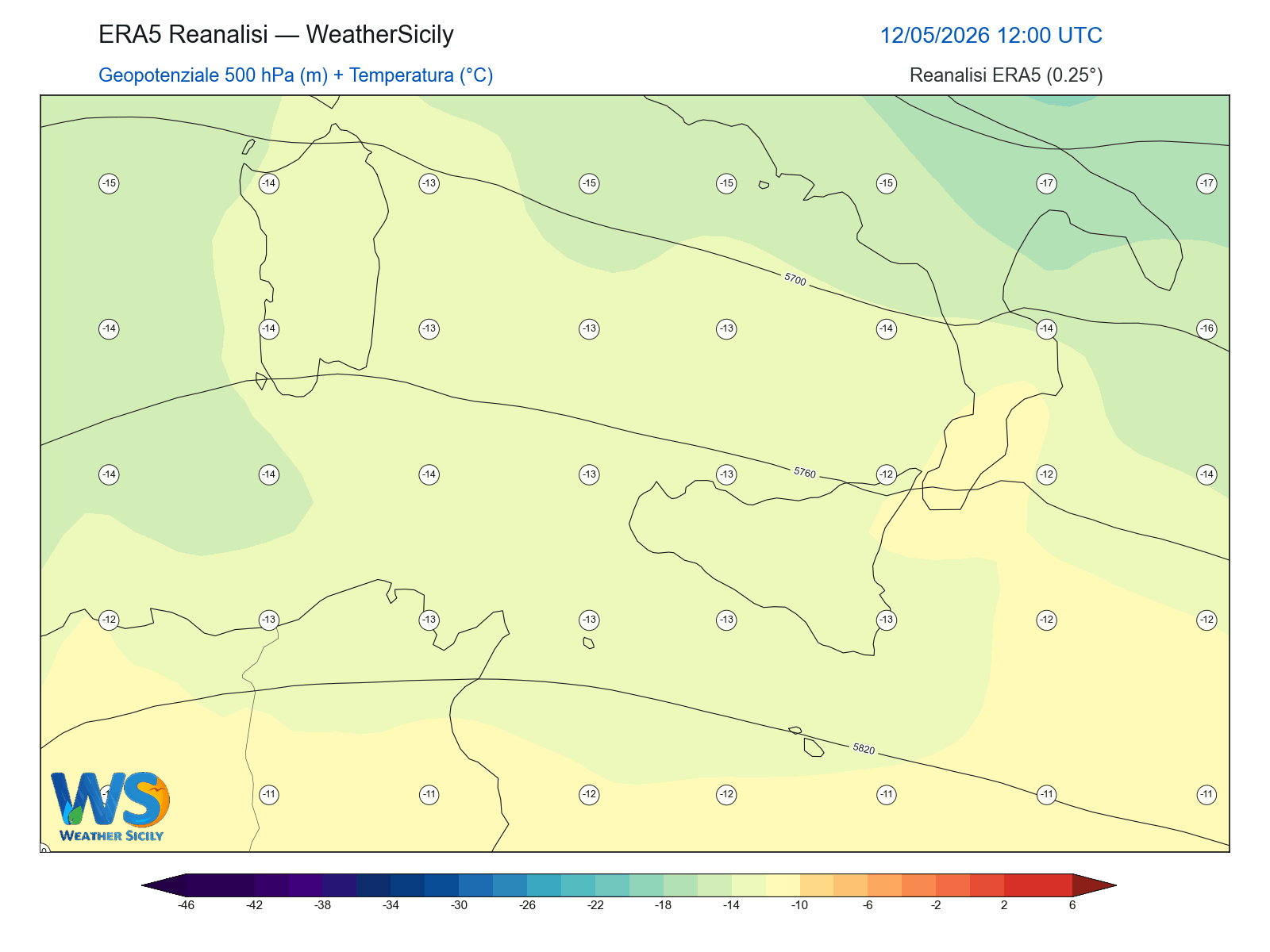 Geopotenziale 500 hPa + Temperatura · 2026051212